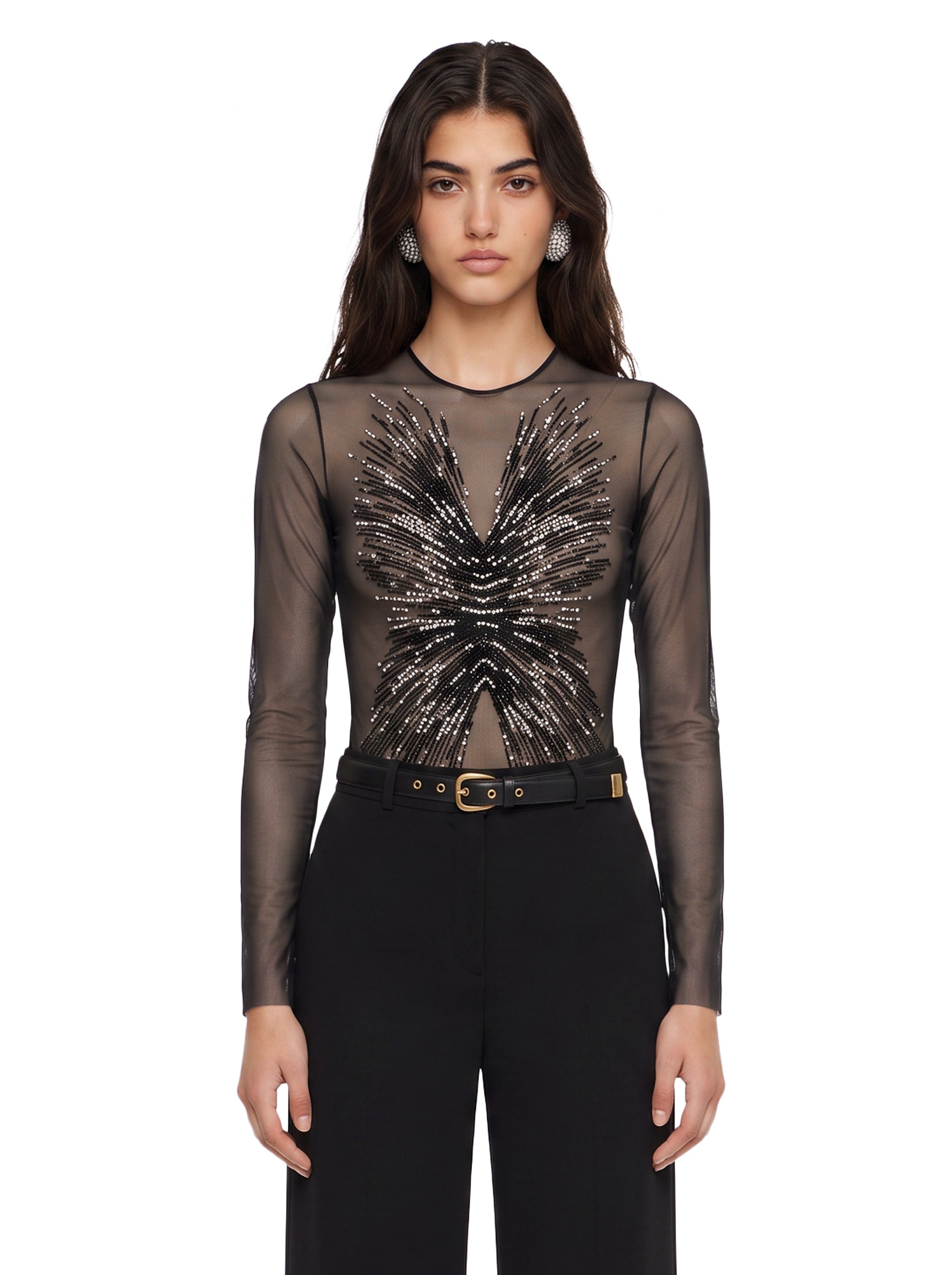 Body con schiena scoperta in mesh con ricami di perline e cristalli in nero 