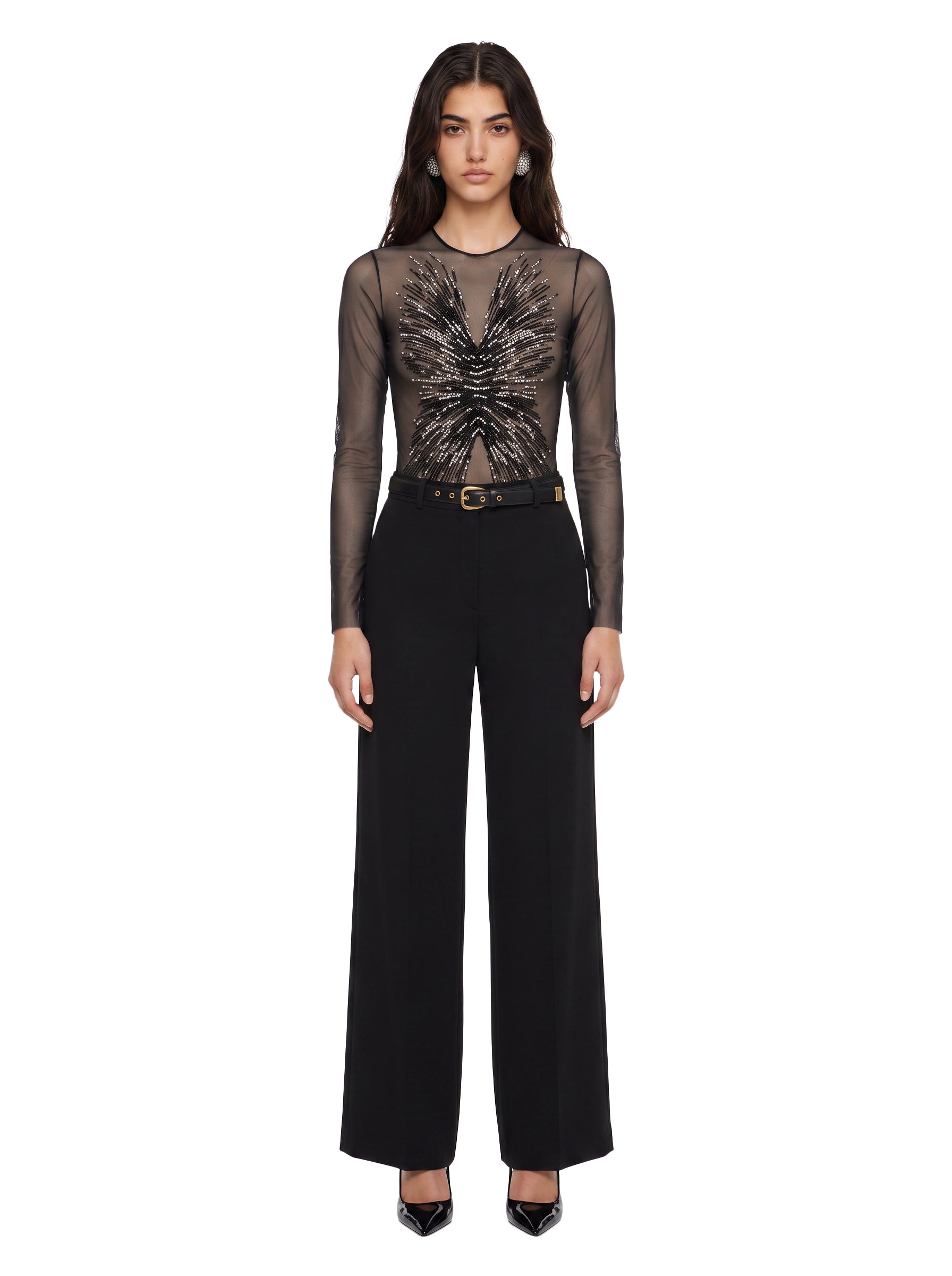 Body con schiena scoperta in mesh con ricami di perline e cristalli in nero 