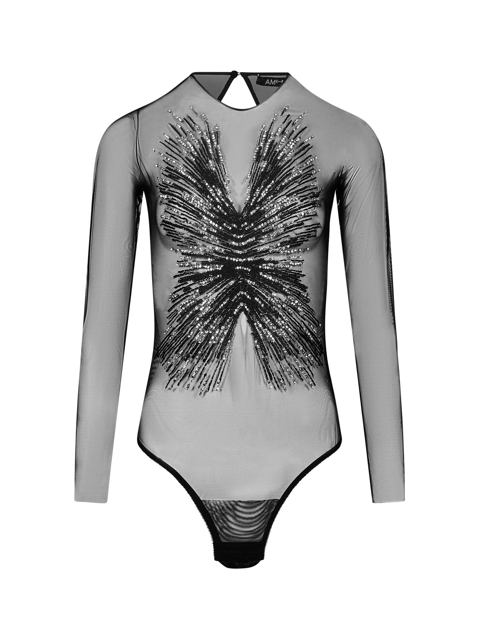 Body con schiena scoperta in mesh con ricami di perline e cristalli in nero 