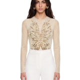 Body con schiena scoperta in mesh con ricami di perline e cristalli in avorio 