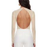Body con schiena scoperta in mesh con ricami di perline e cristalli in avorio 