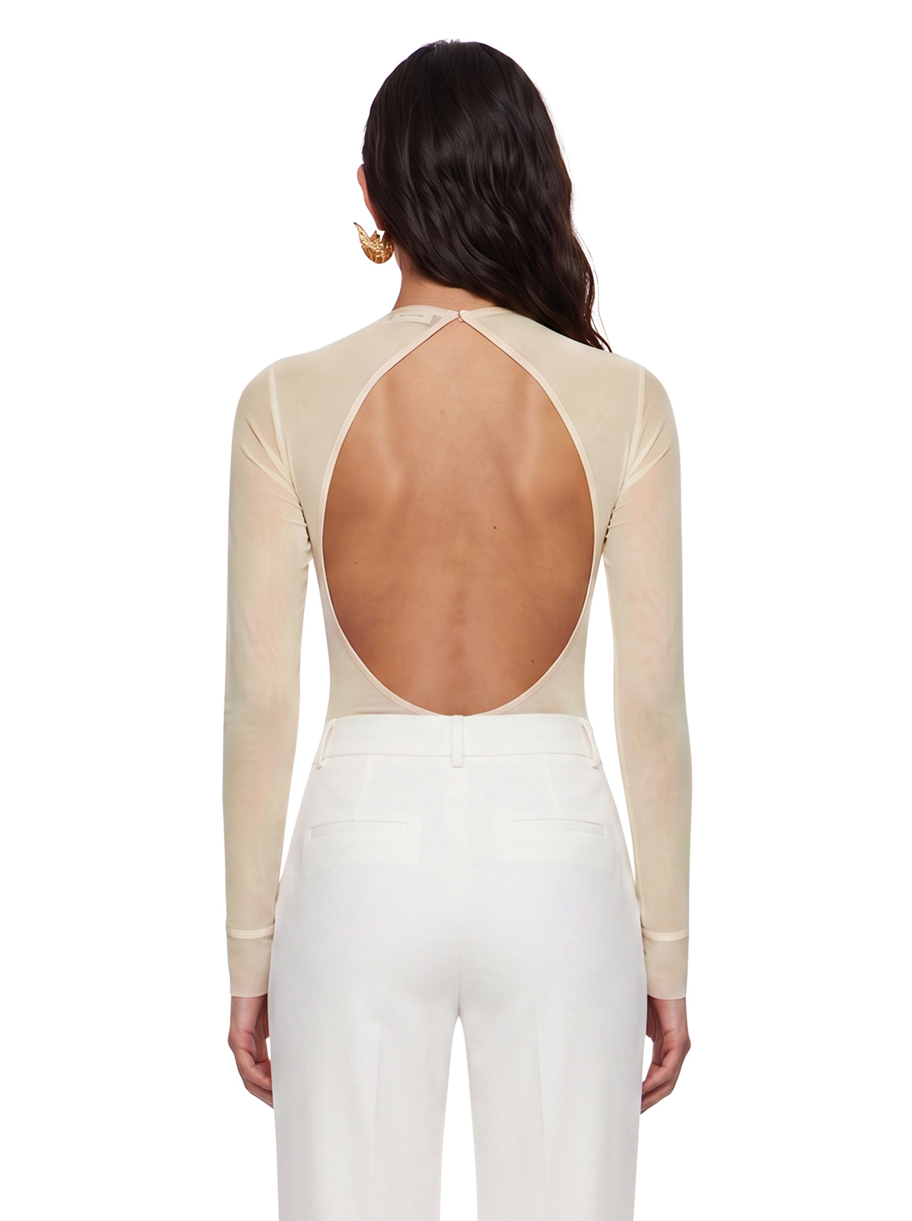 Body con schiena scoperta in mesh con ricami di perline e cristalli in avorio 