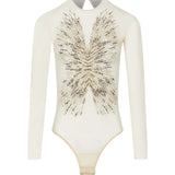 Body con schiena scoperta in mesh con ricami di perline e cristalli in avorio 