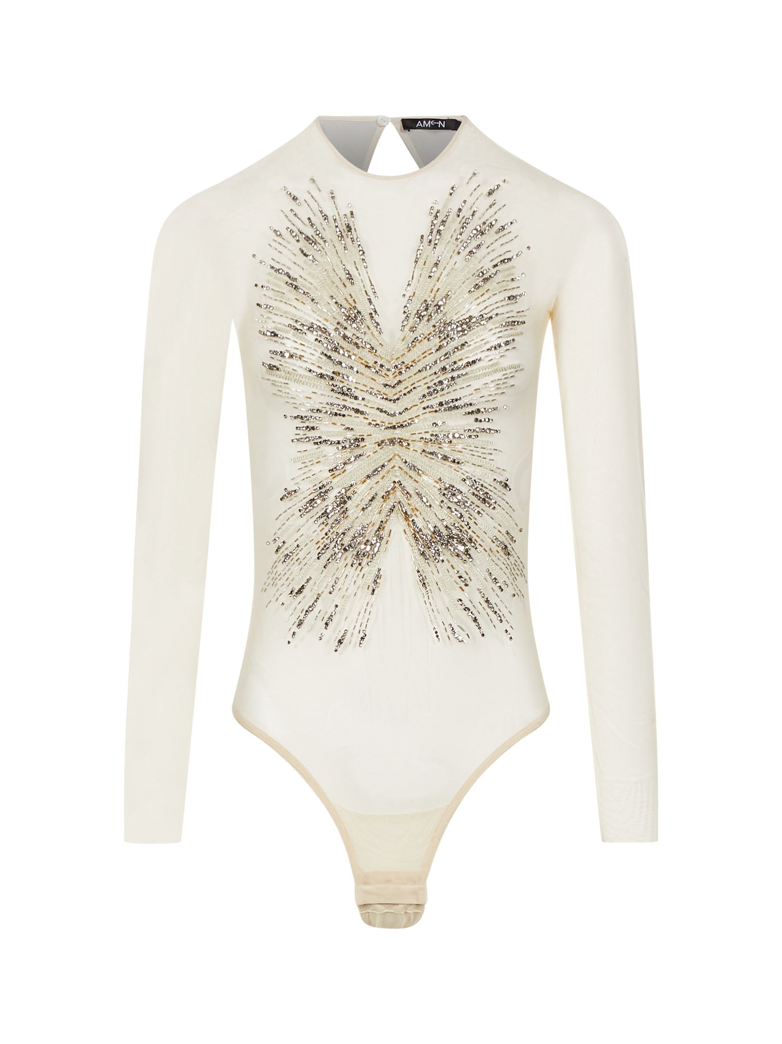 Body con schiena scoperta in mesh con ricami di perline e cristalli in avorio 