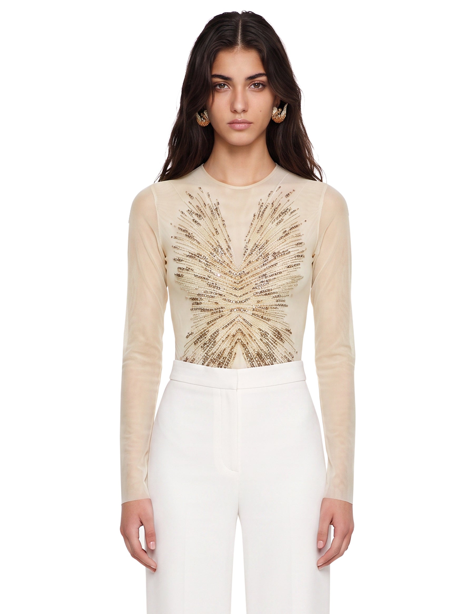 Body in mesh con perline in avorio 