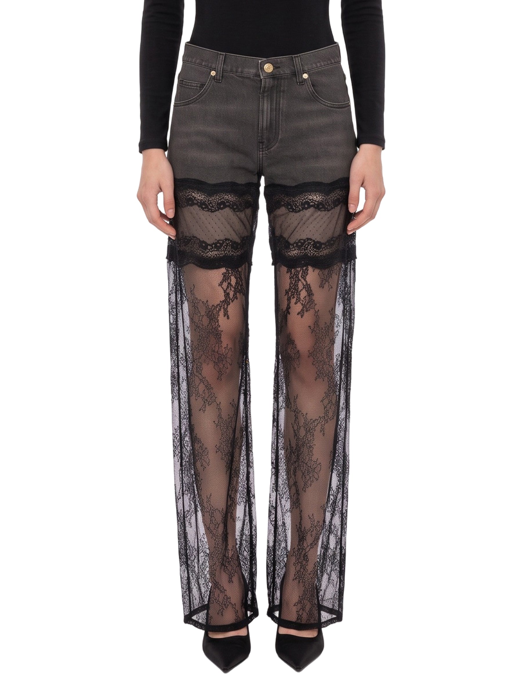Jeans con pizzo Chantilly in nero 