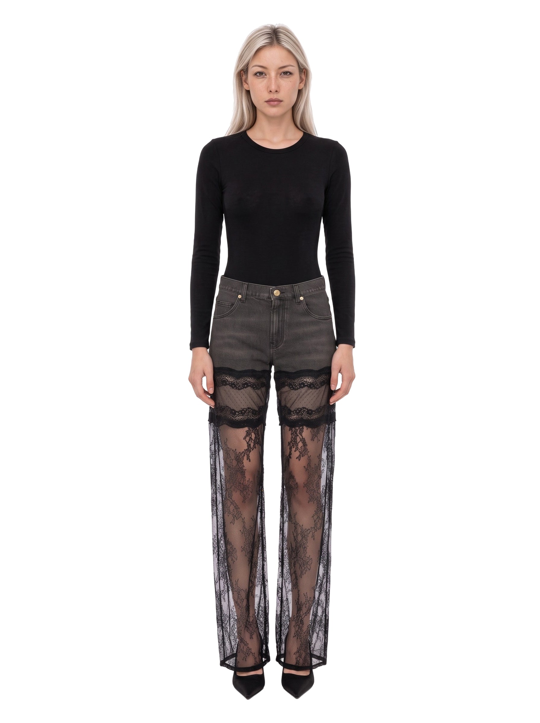 Jeans con pizzo Chantilly in nero 