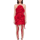 Abito mini con rose 3D rosso 