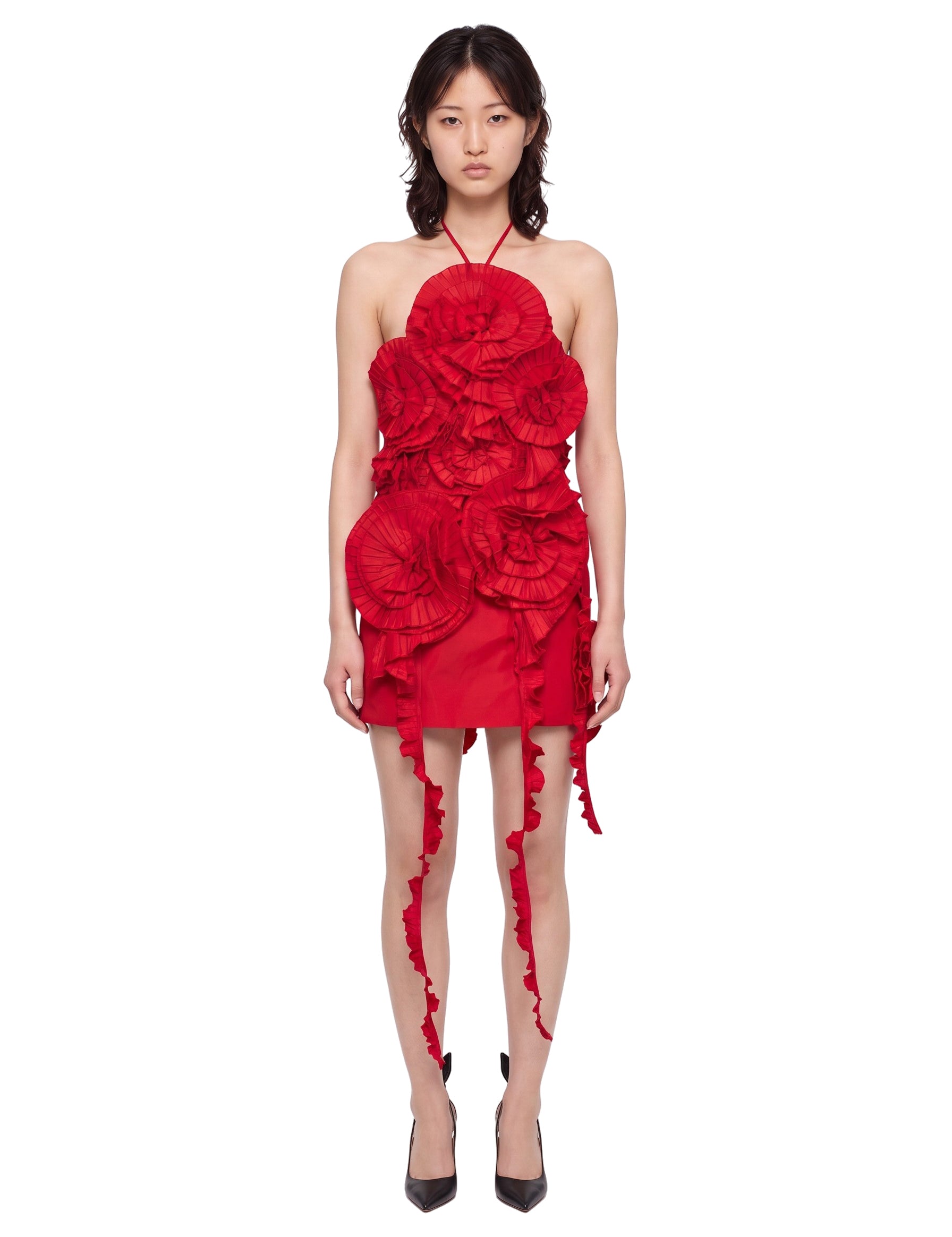 Abito mini con rose 3D rosso 
