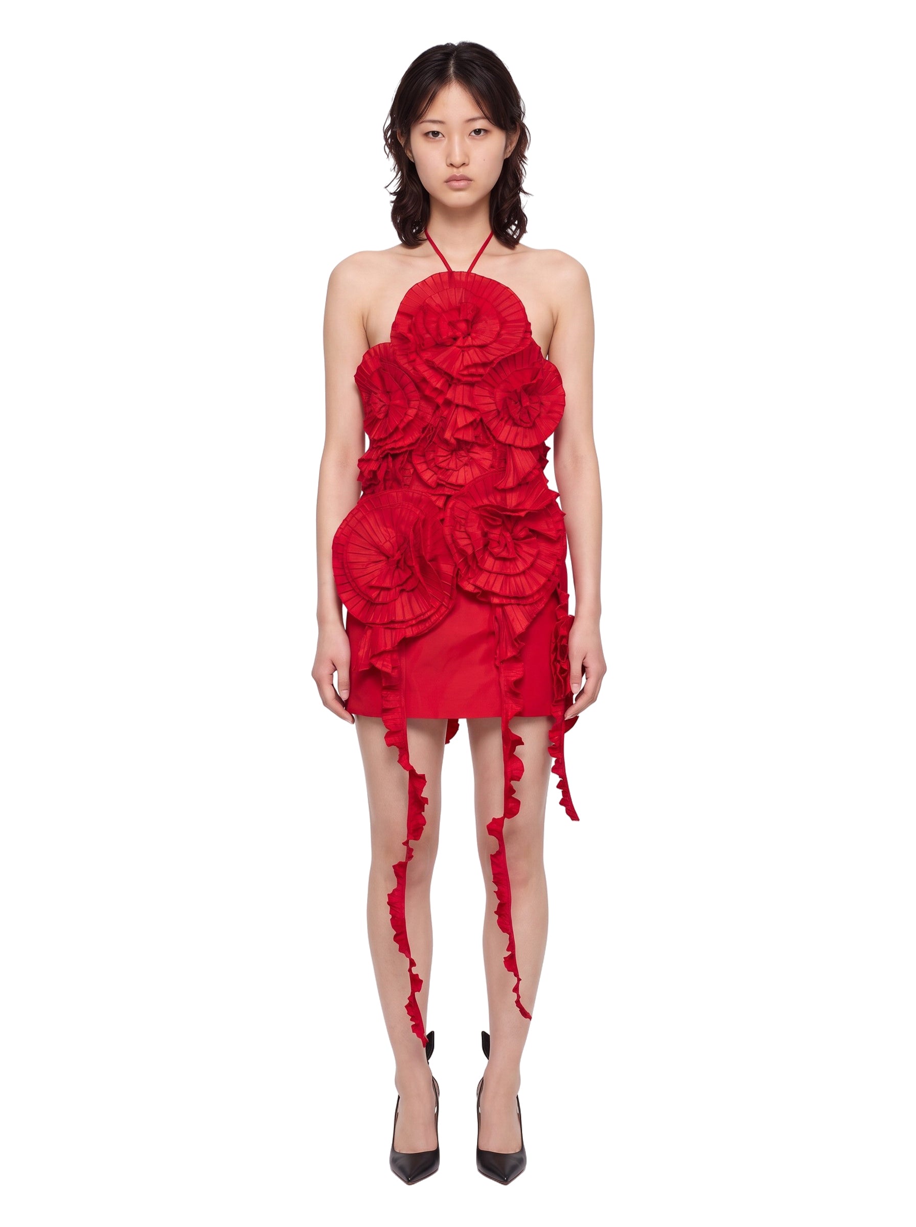Abito mini con rose 3D rosso 
