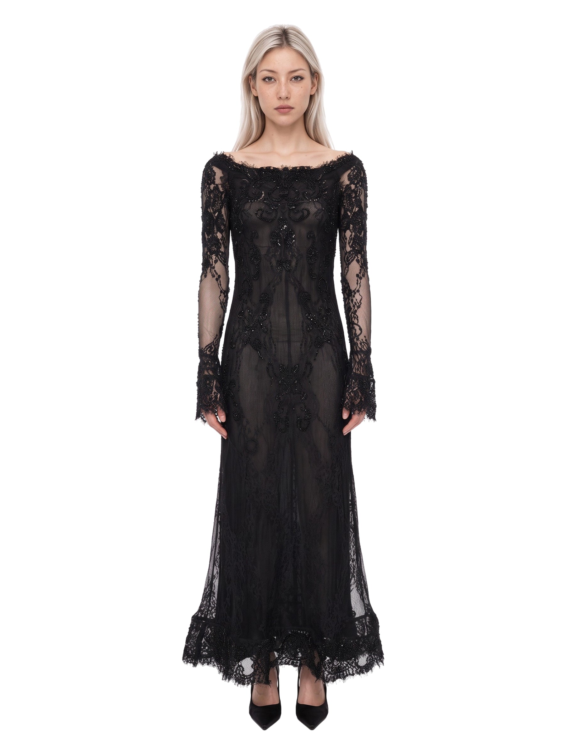 Abito lungo con pizzo in nero 