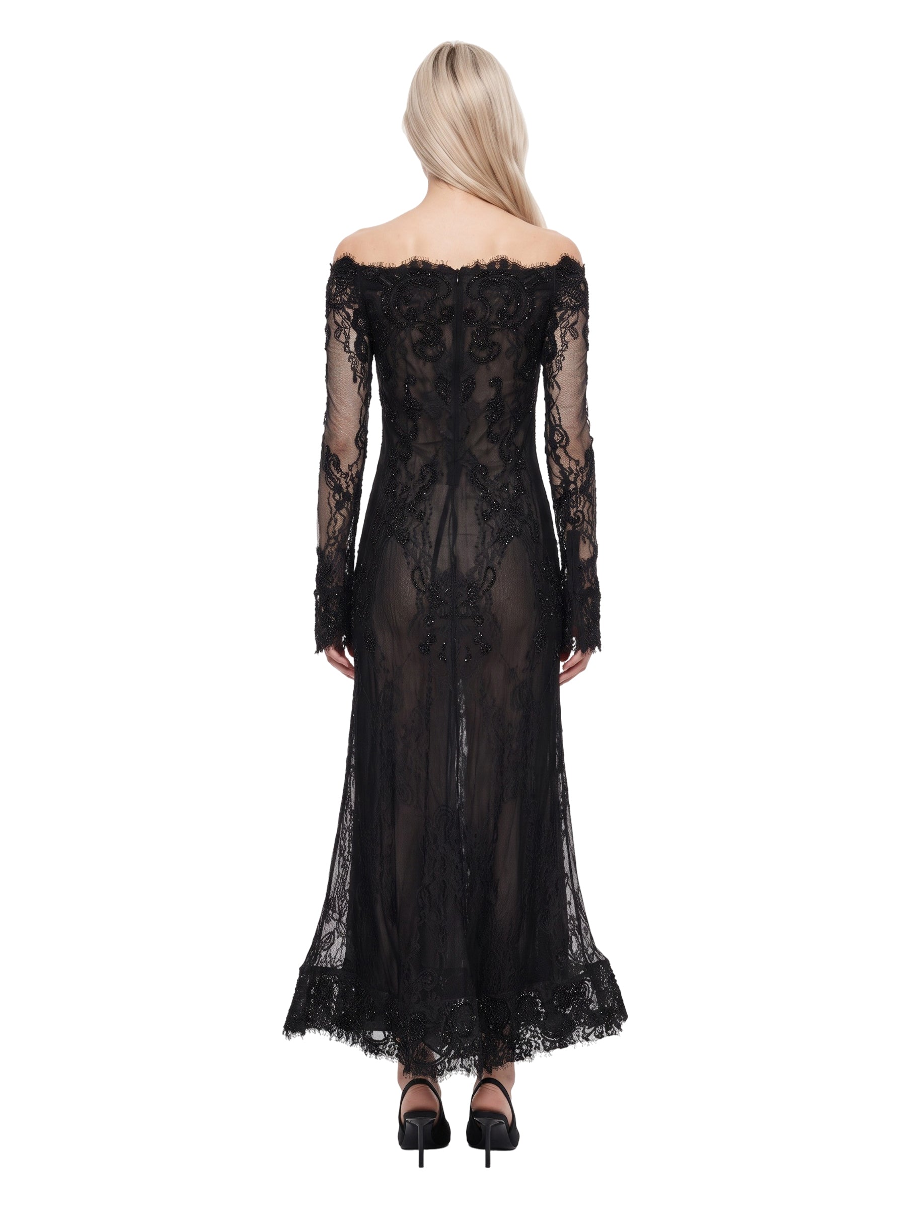 Abito lungo con pizzo in nero 