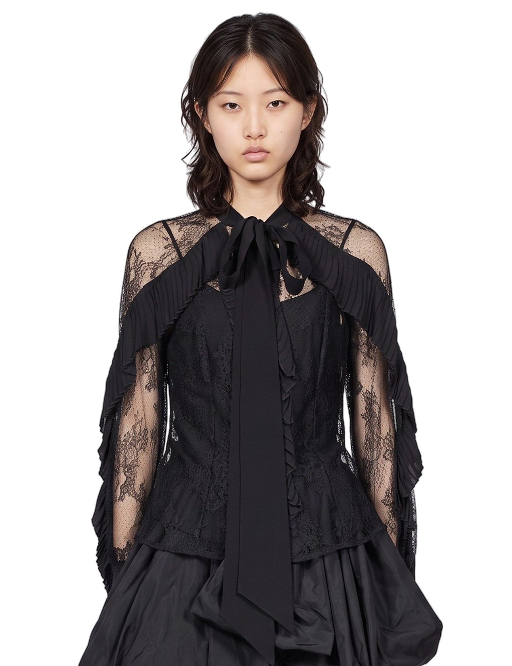 Top in pizzo con volant in nero 