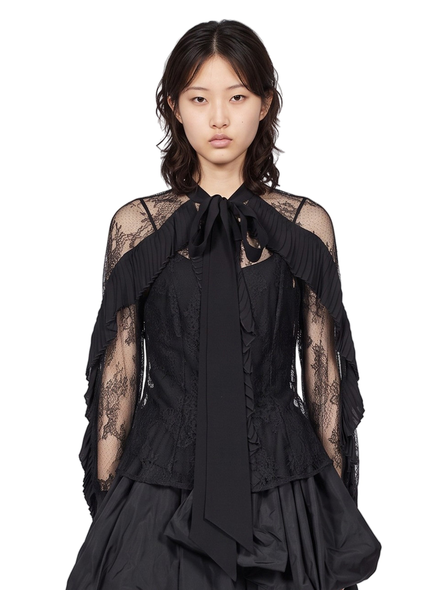 Top in pizzo con volant in nero 