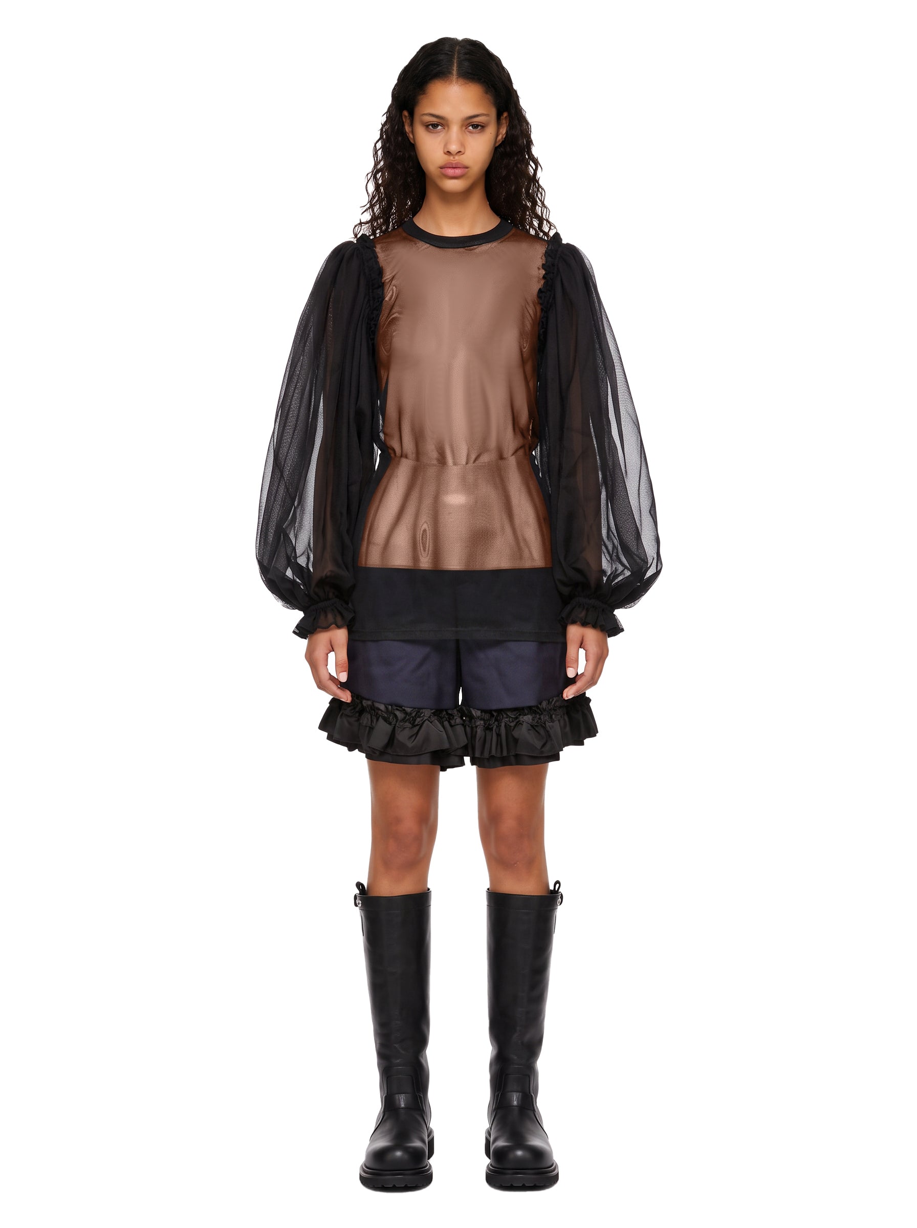 Blusa semitrasparente in tulle in nero 