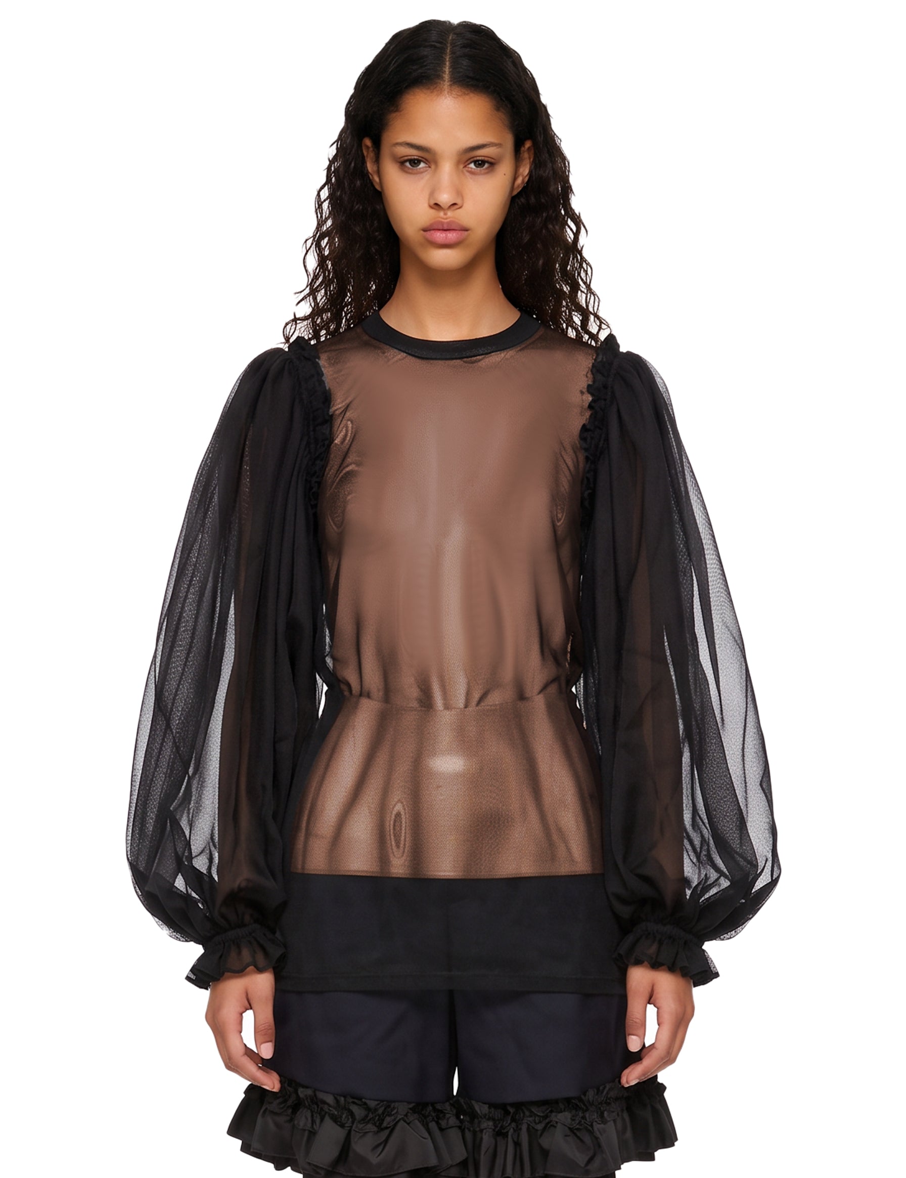 Blusa semitrasparente in tulle in nero 