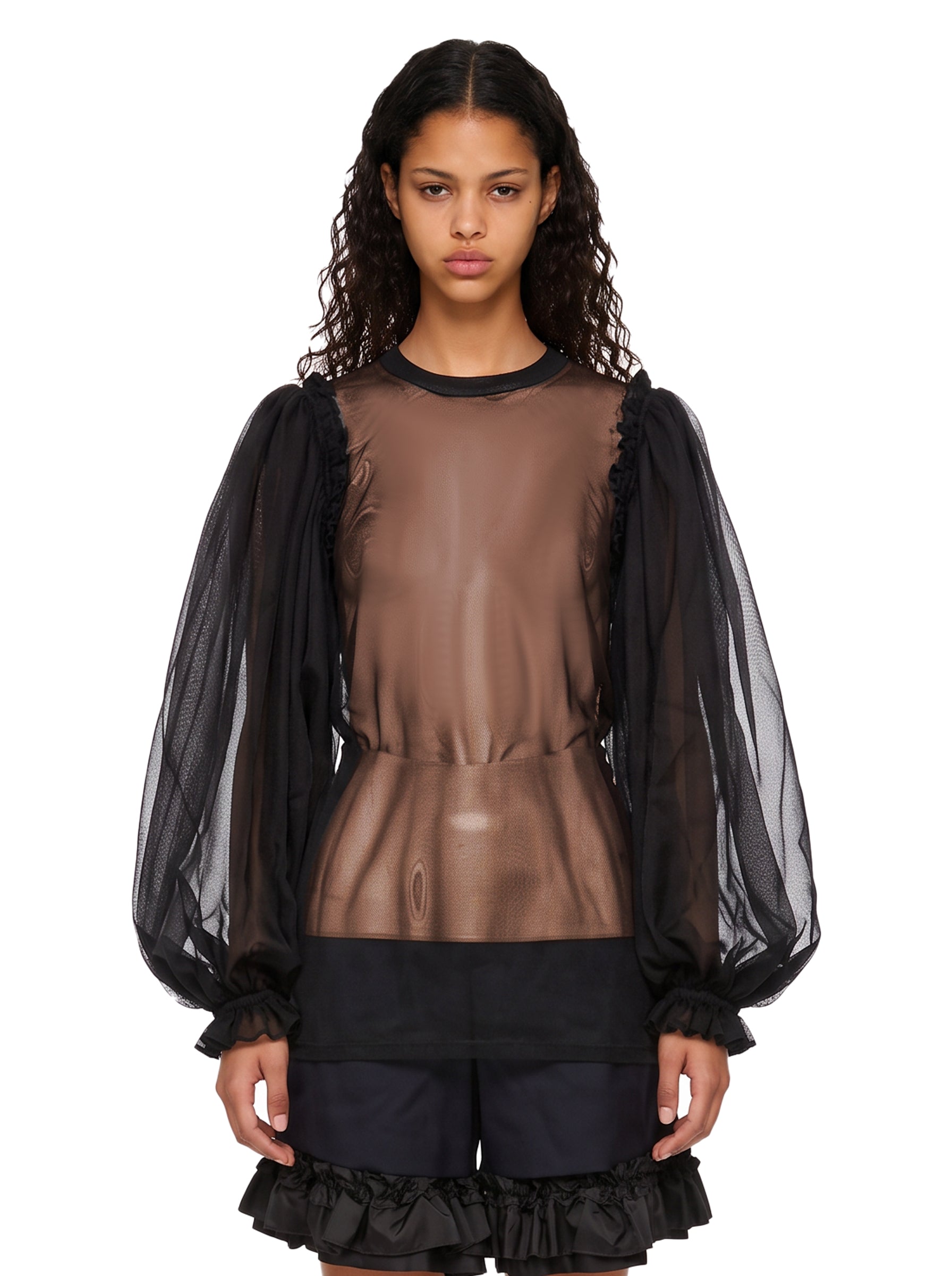 Blusa semitrasparente in tulle in nero 