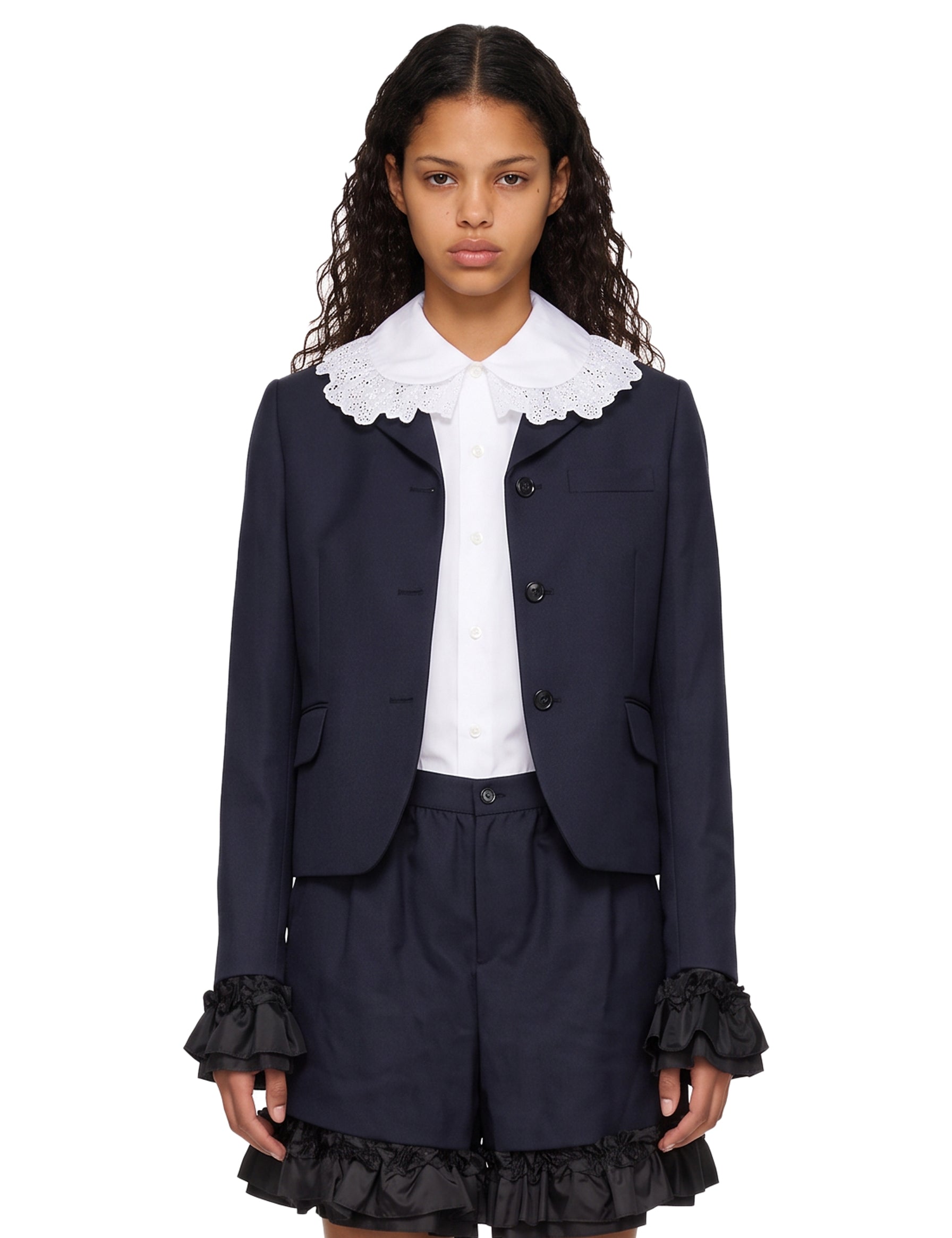 Giacca monopetto con tuches in blu 