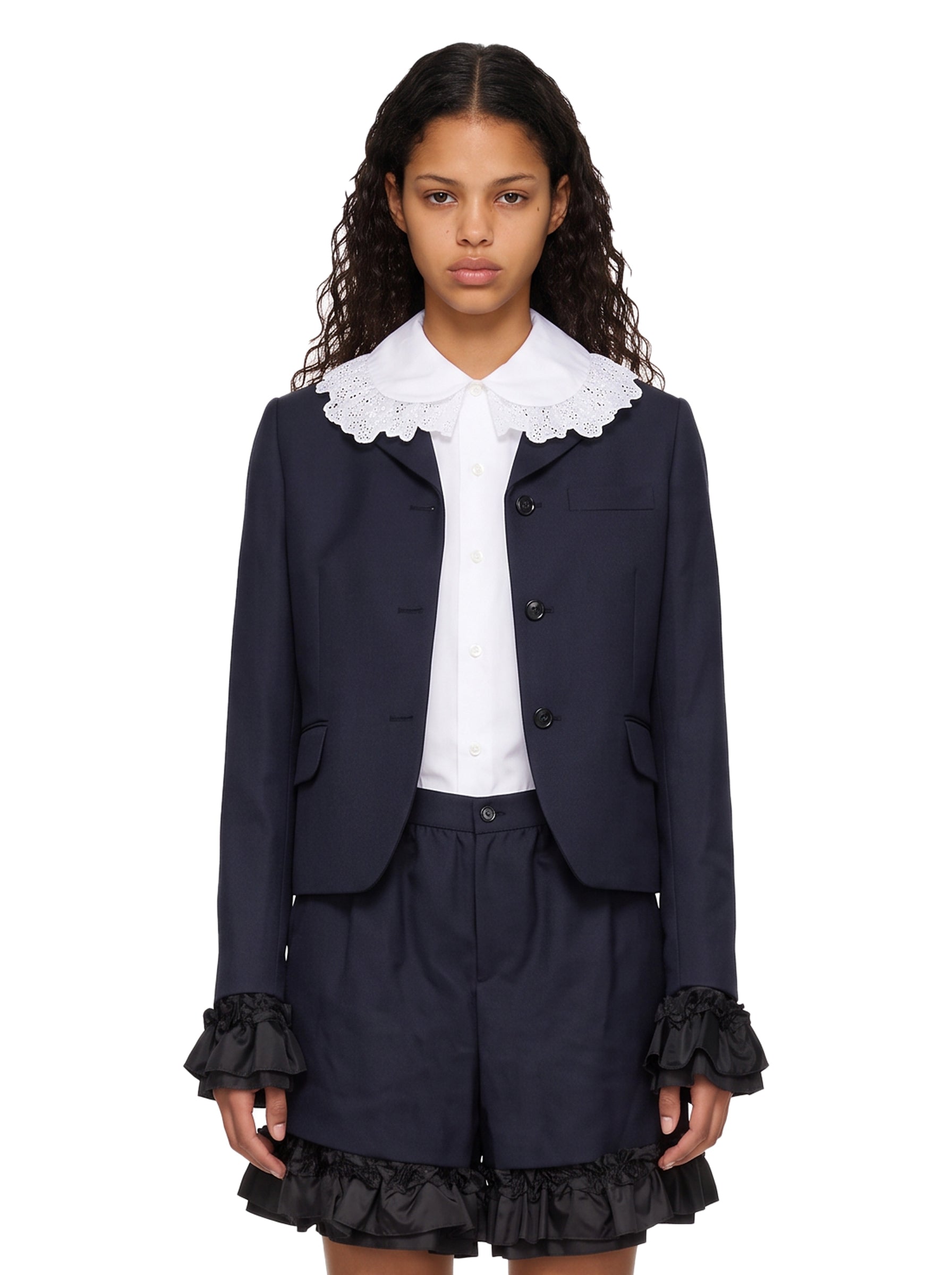 Giacca monopetto con tuches in blu 