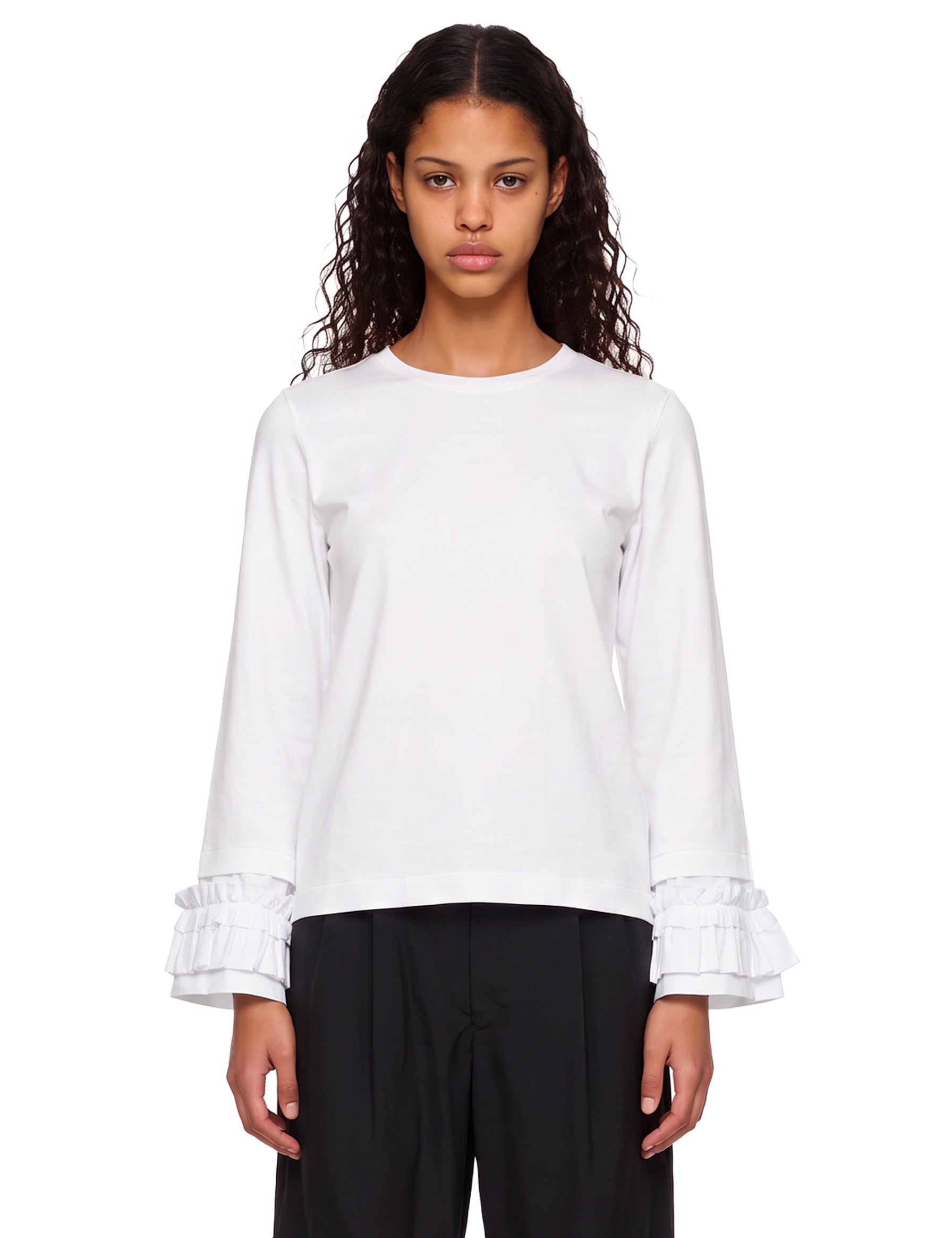T-shirt a maniche lunghe con ruches in bianco 