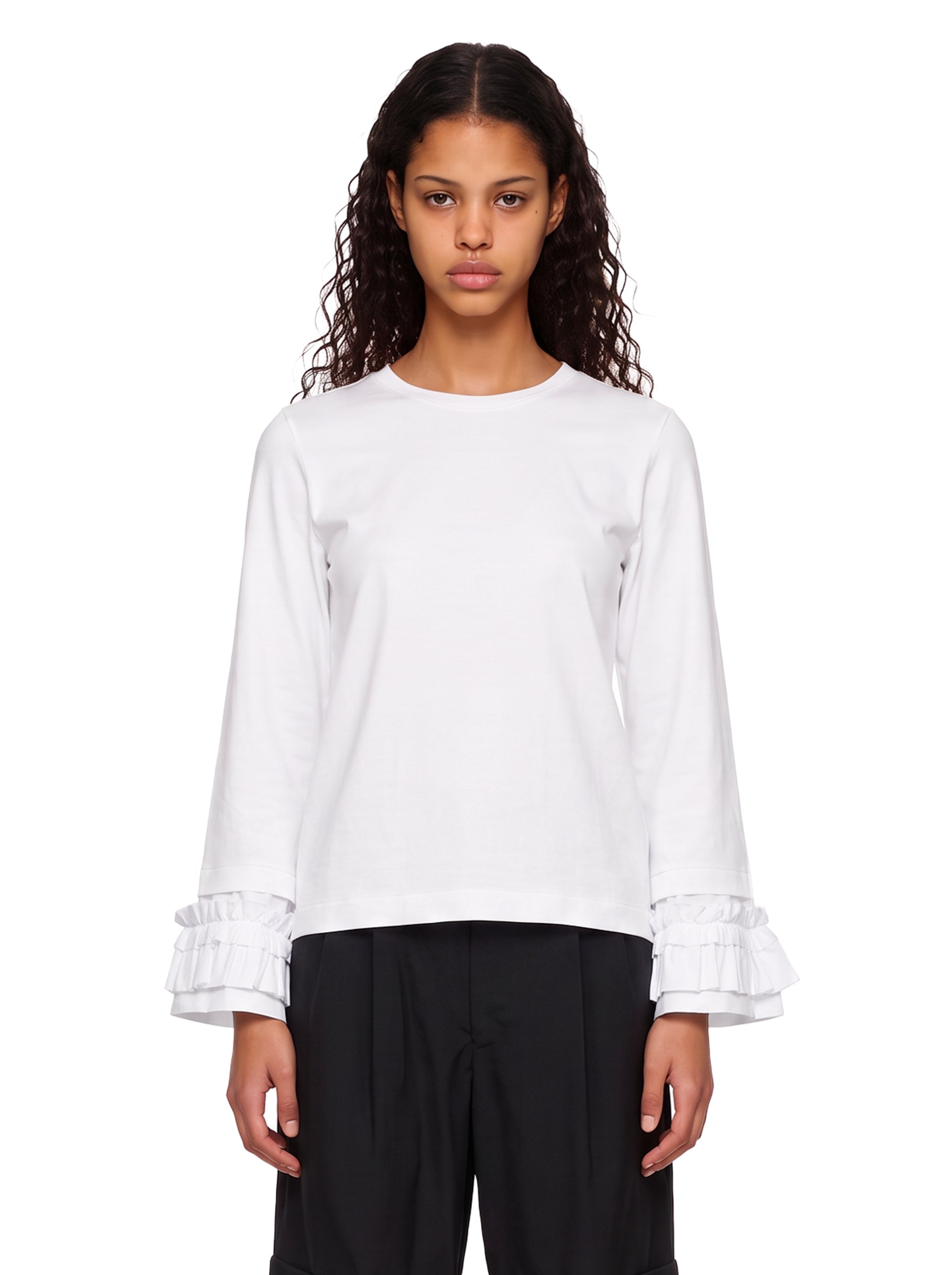 T-shirt a maniche lunghe con ruches in bianco 
