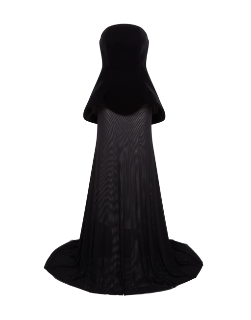 Abito lungo con gonna in mesh in nero 
