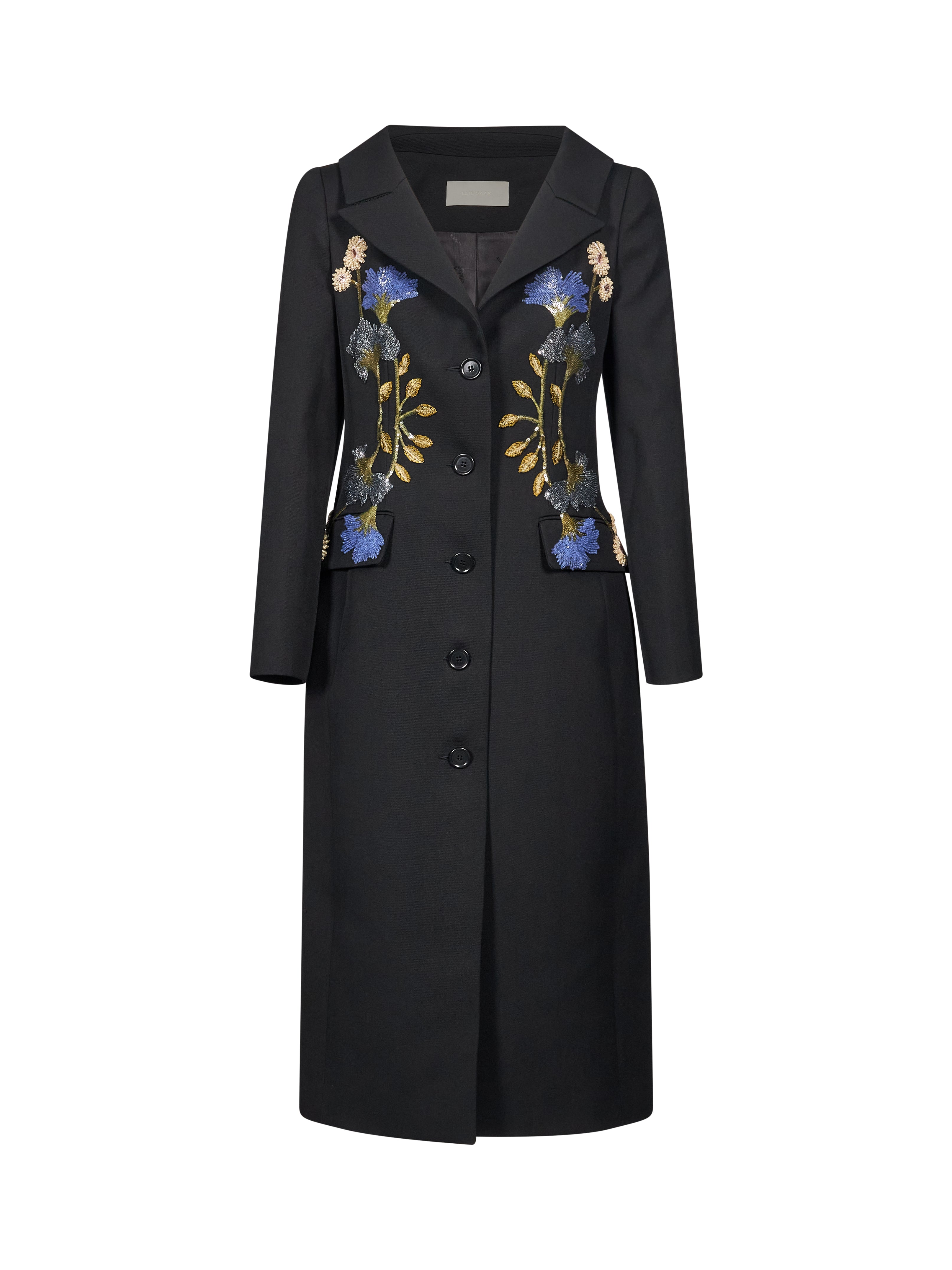 Cappotto in lana con ricami in nero 