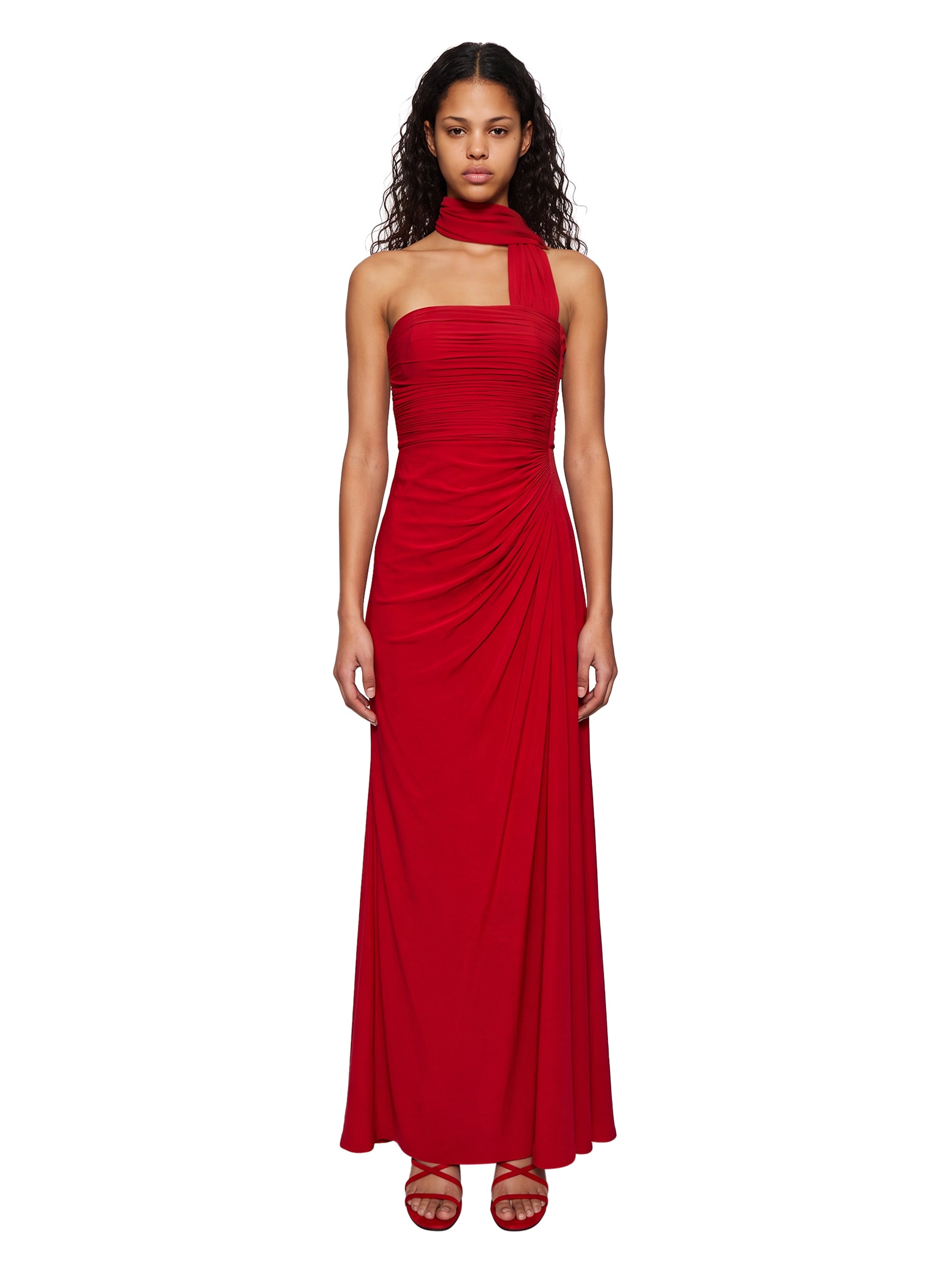 Abito lungo drappeggiato in georgette rosso 