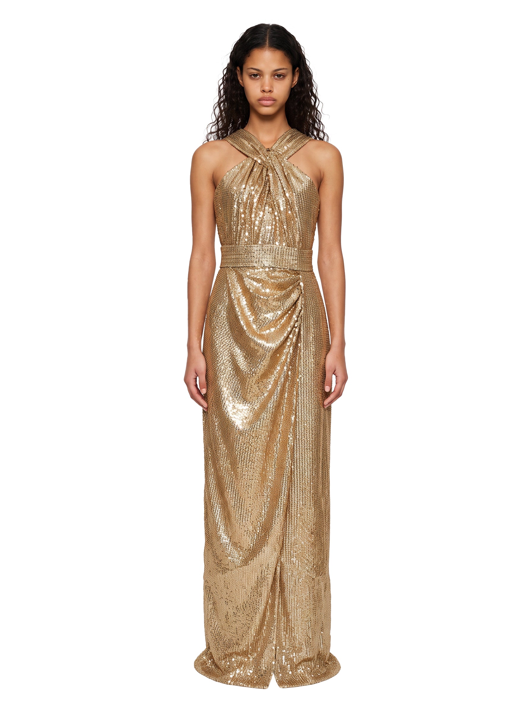 Abito lungo con paillettes oro 
