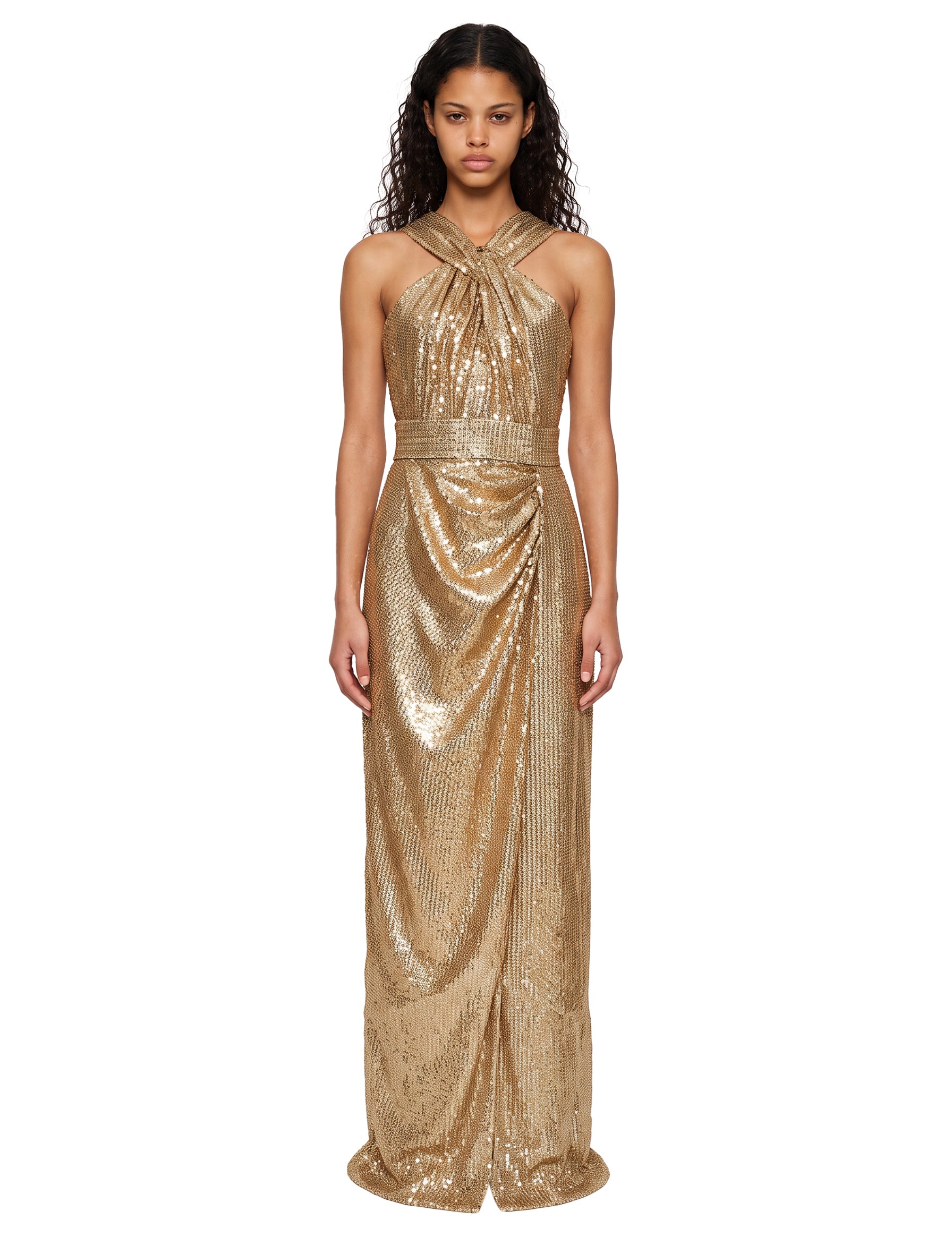 Abito lungo con paillettes in oro 