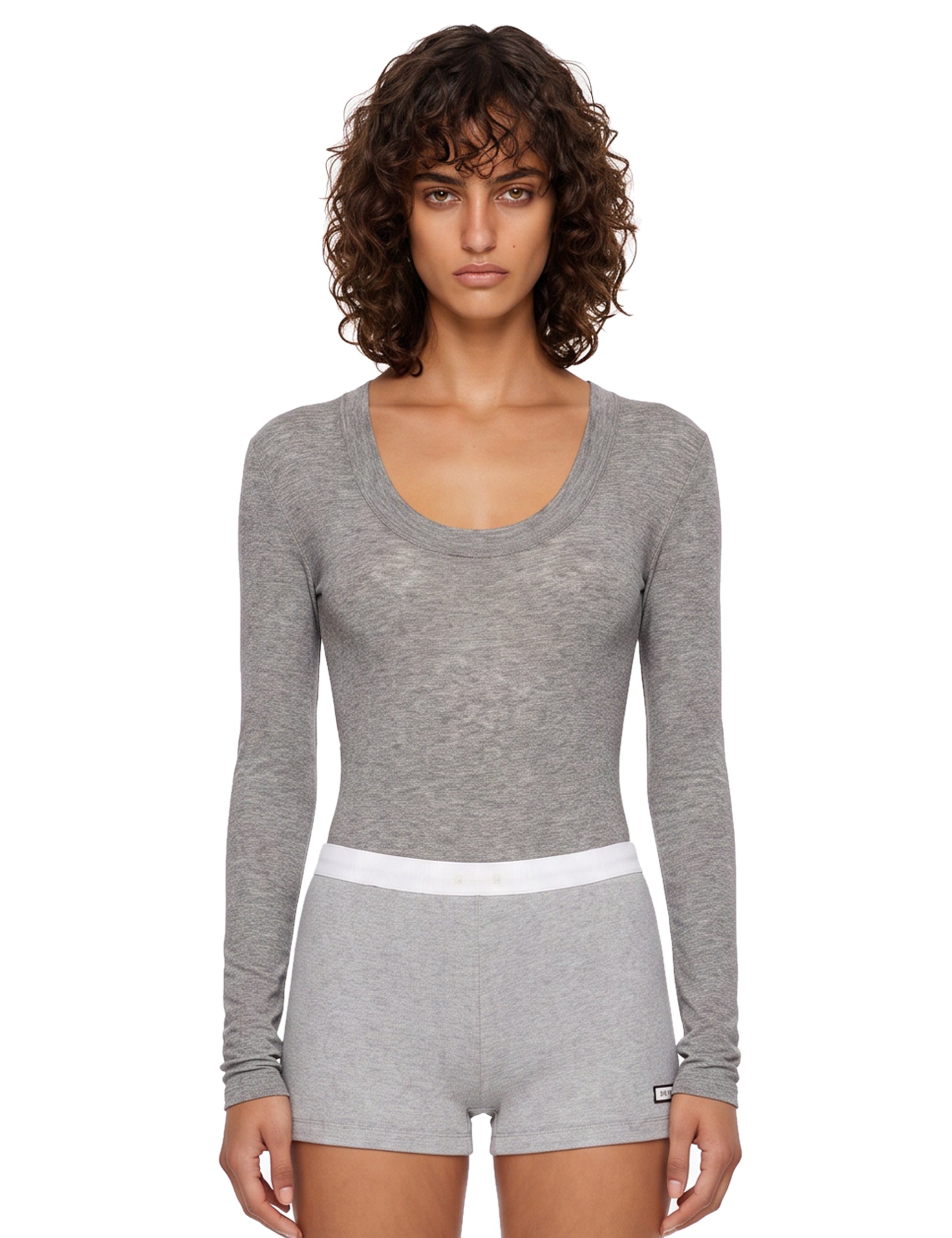 Body girocollo semi-trasparente in grigio 