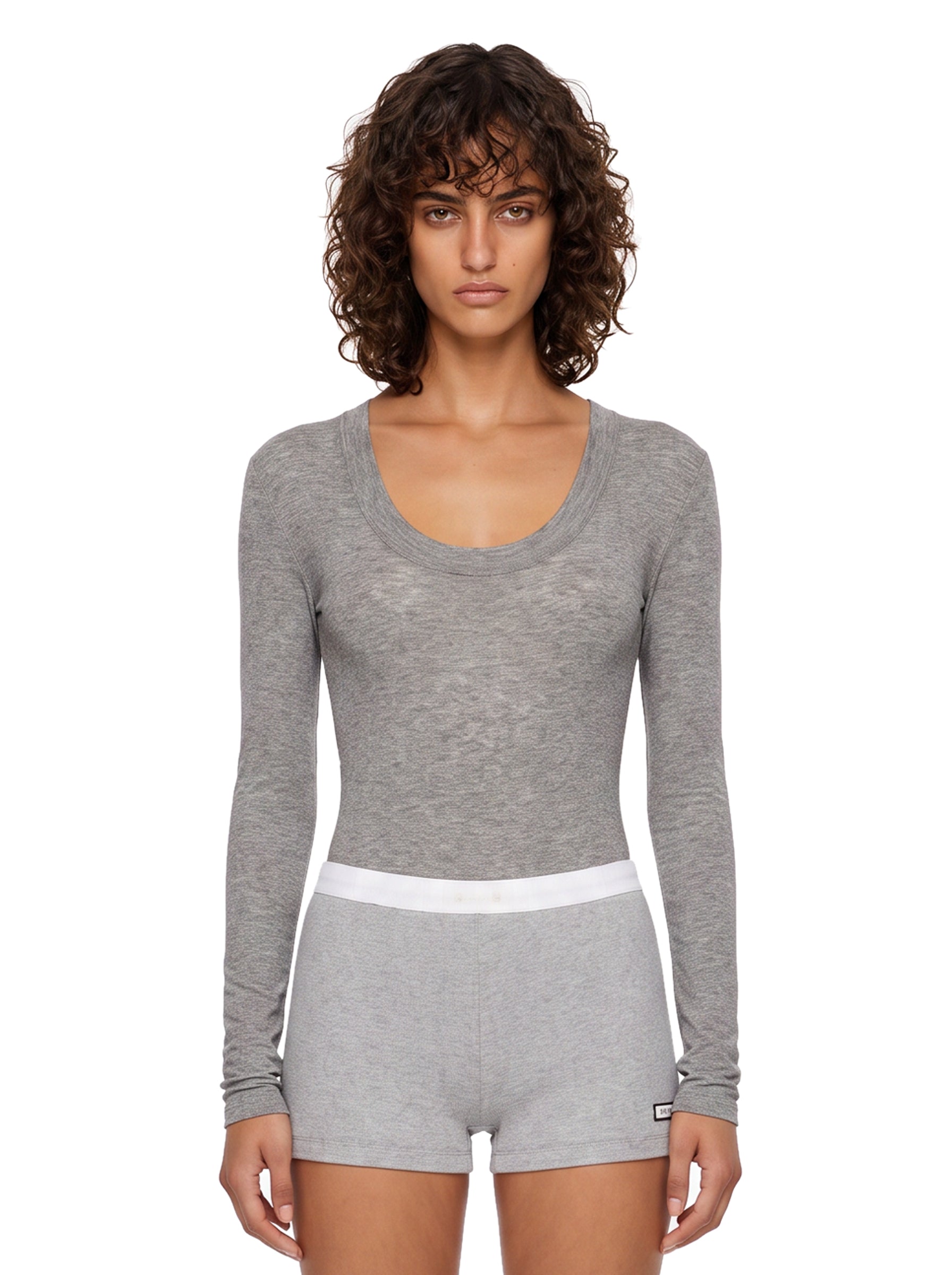 Body girocollo semi-trasparente in grigio 