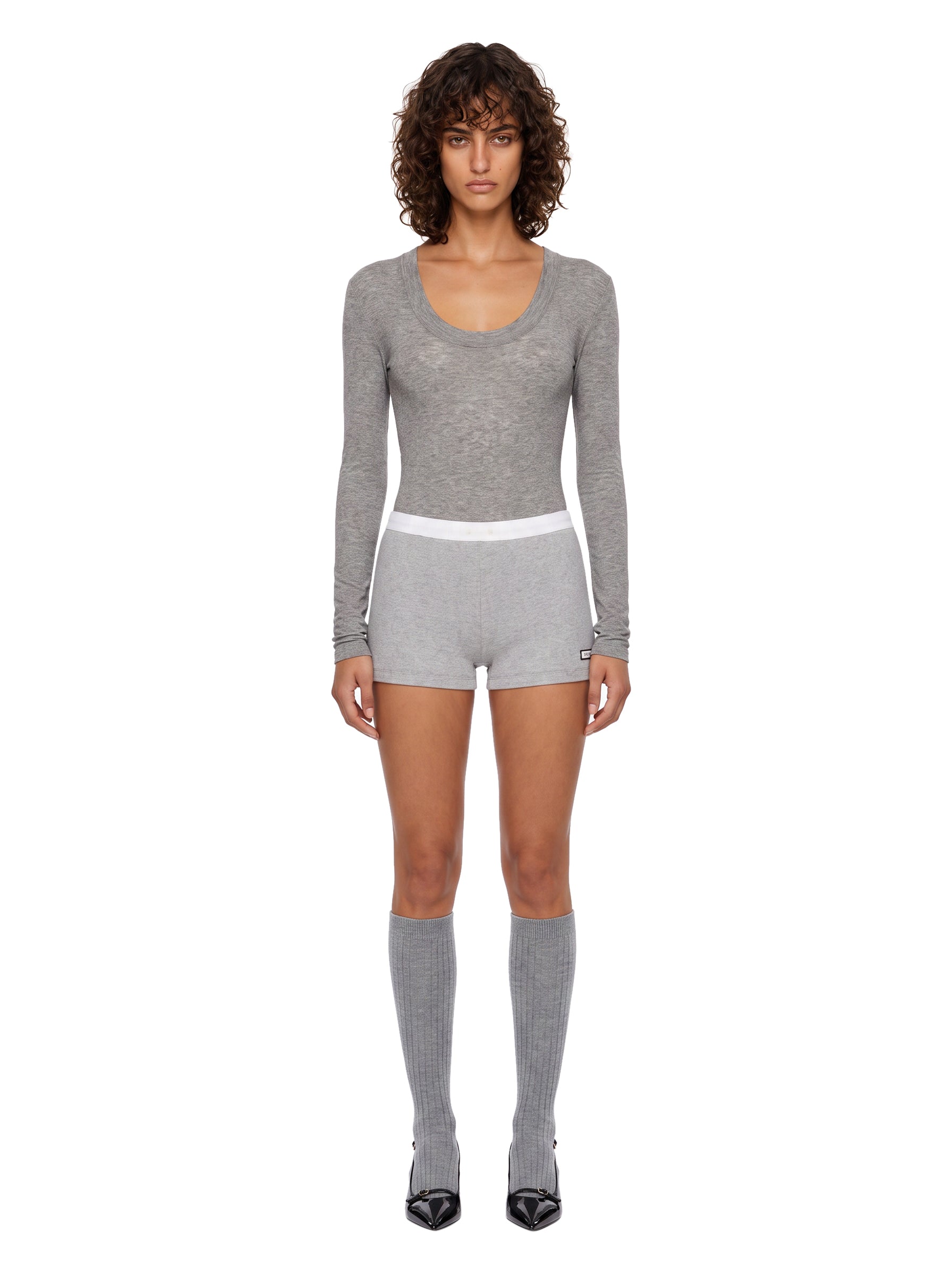 Body girocollo semi-trasparente in grigio 