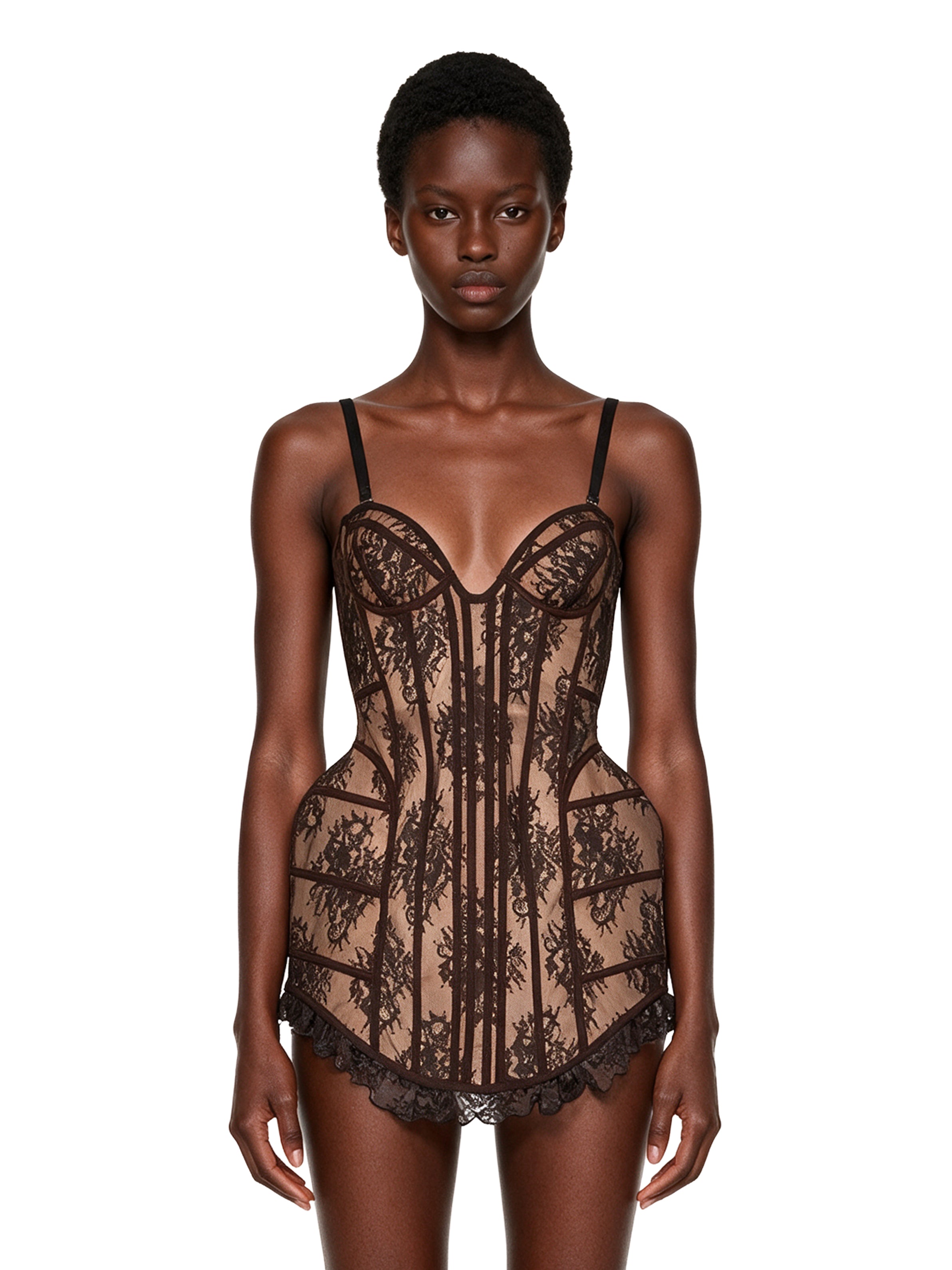Miniabito in pizzo stile corsetto in marrone 