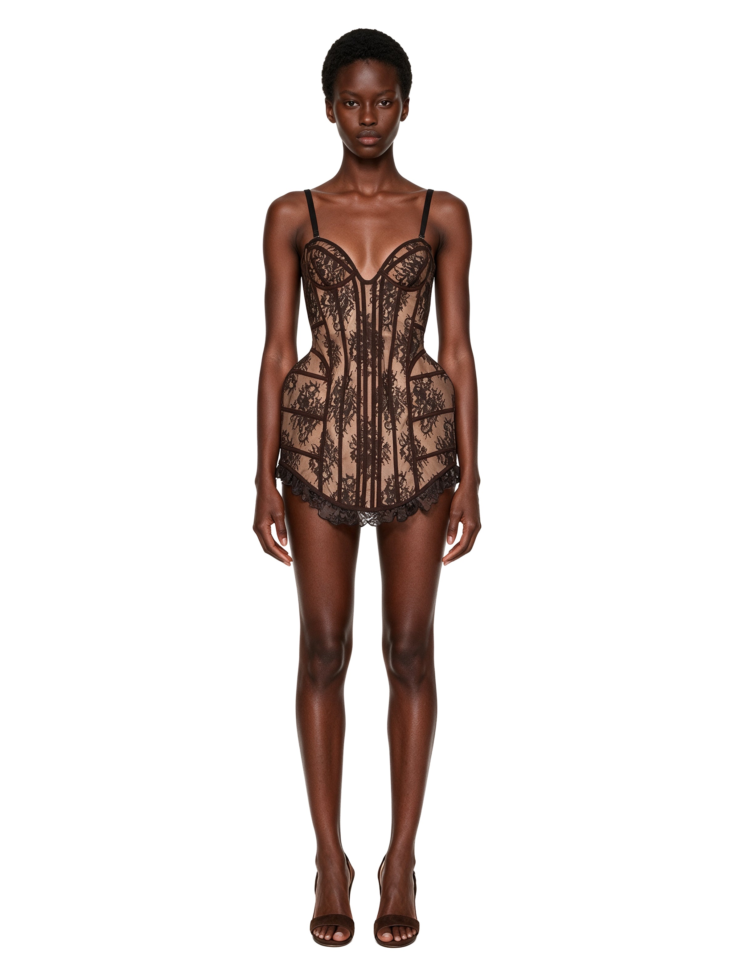 Miniabito in pizzo stile corsetto in marrone 