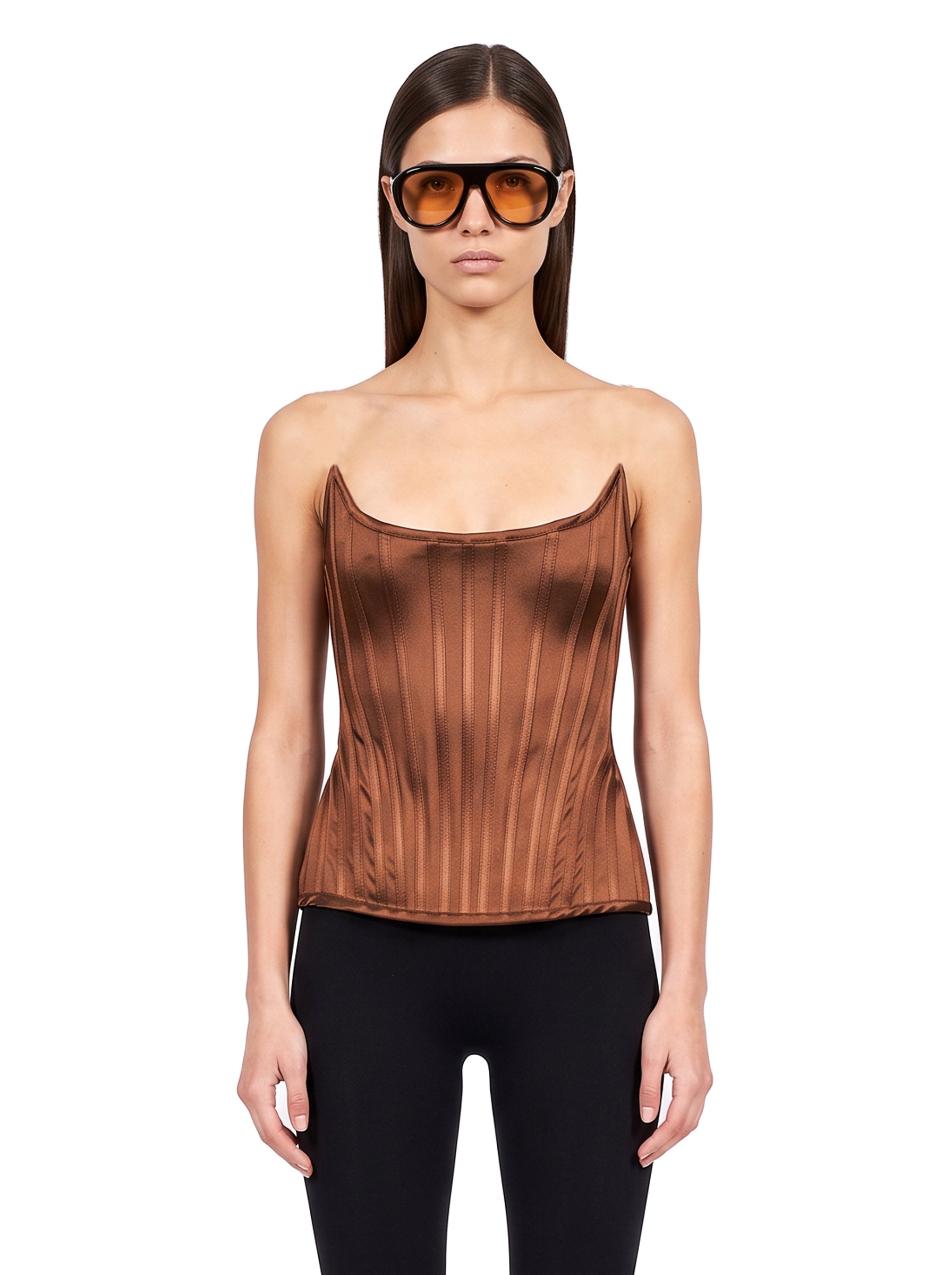 Top satinato a corsetto in marrone 