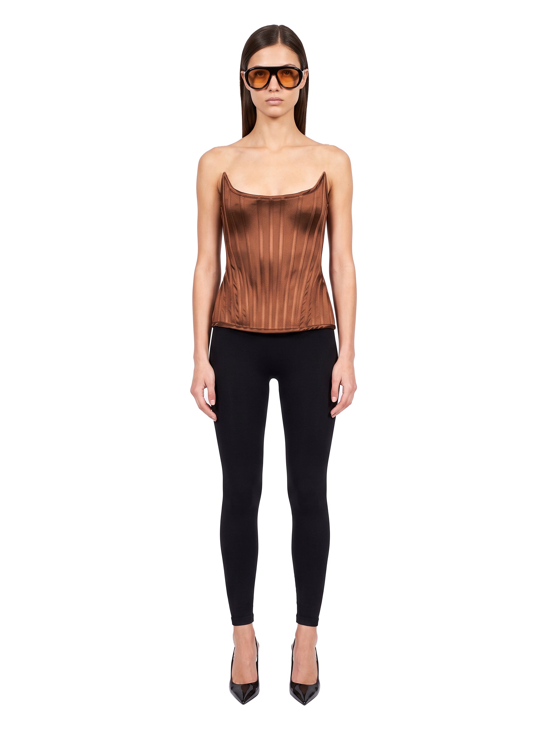 Top satinato a corsetto in marrone 