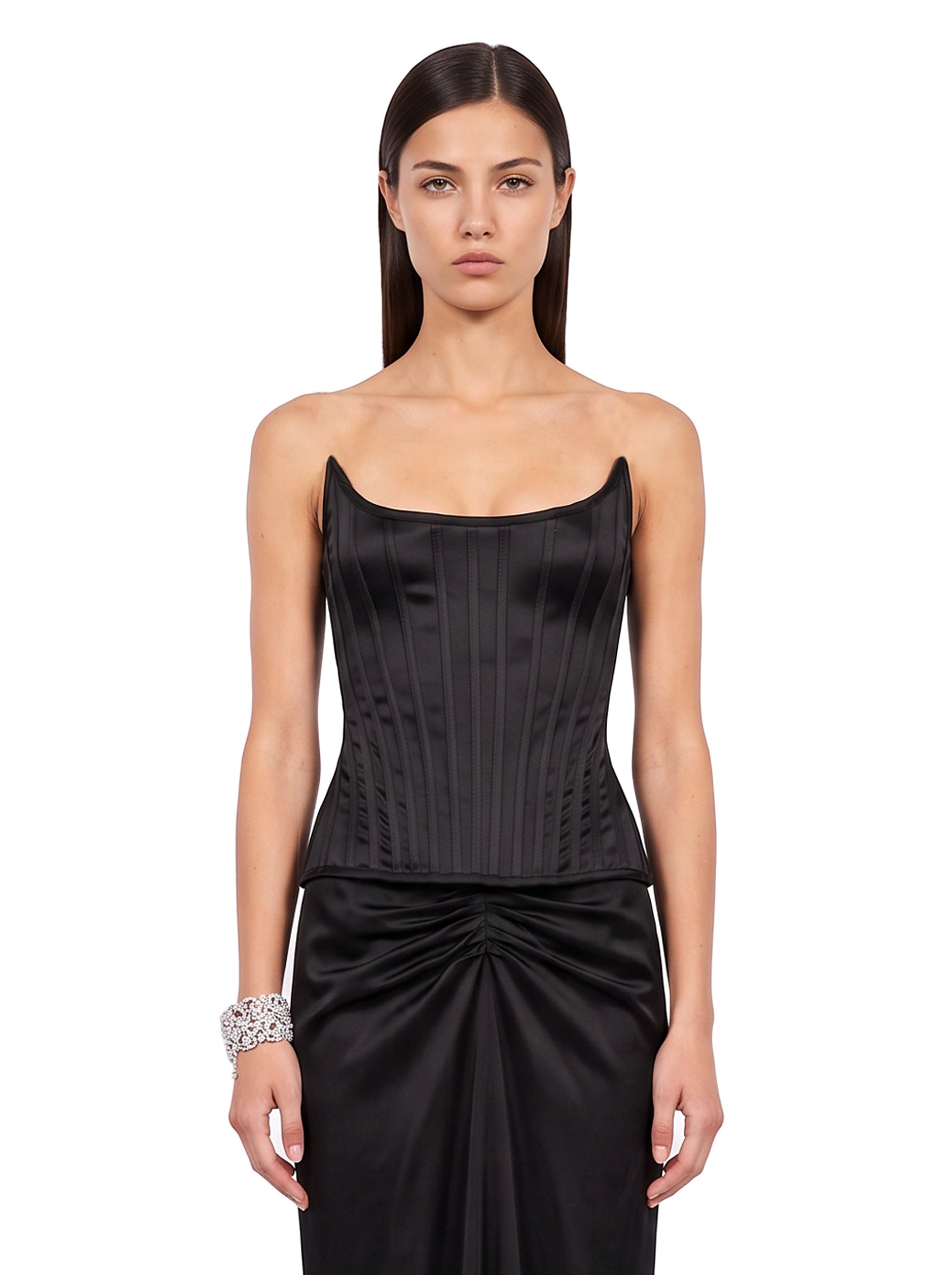 Top satinato a corsetto in nero 