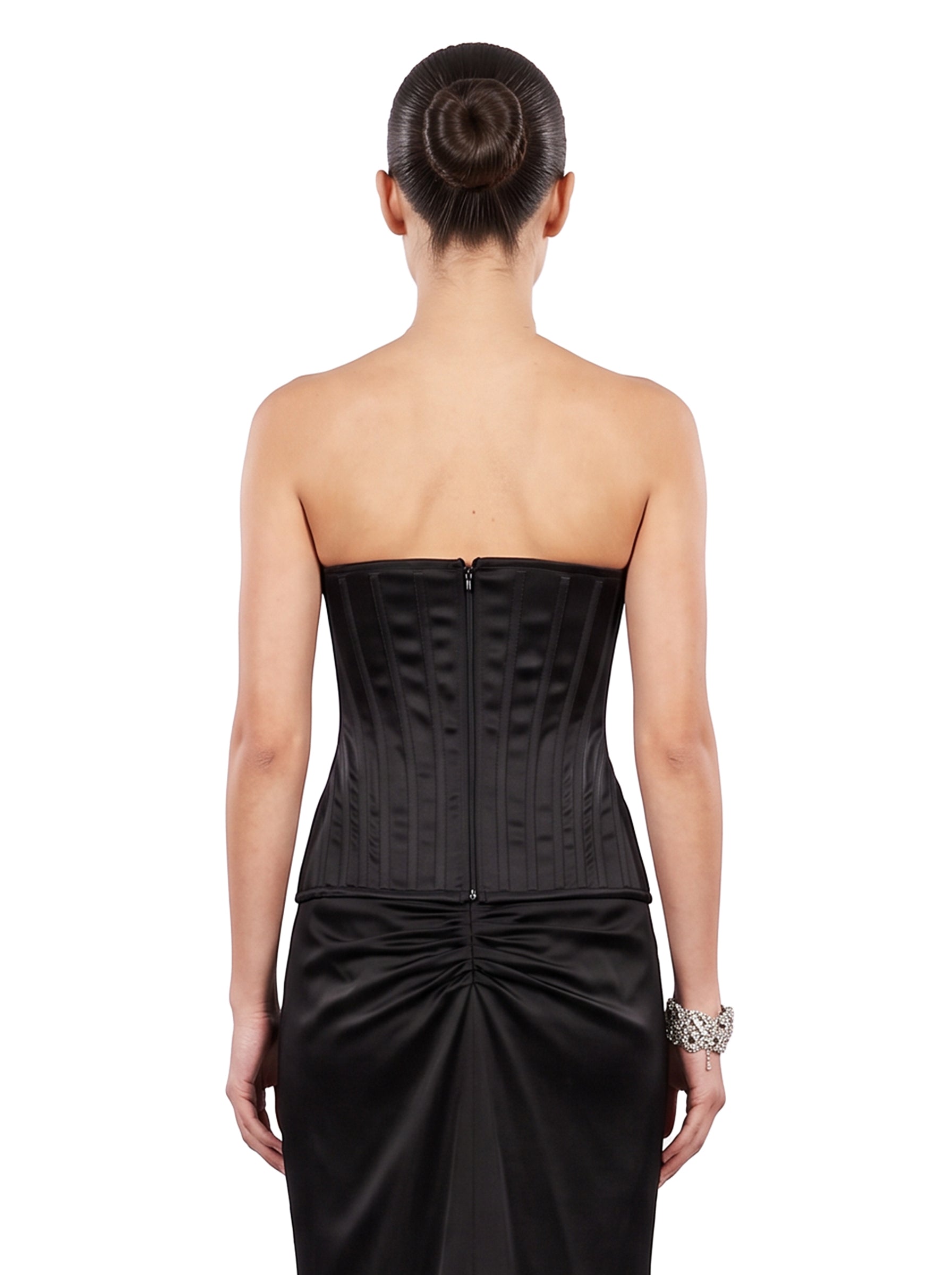 Top satinato a corsetto in nero 