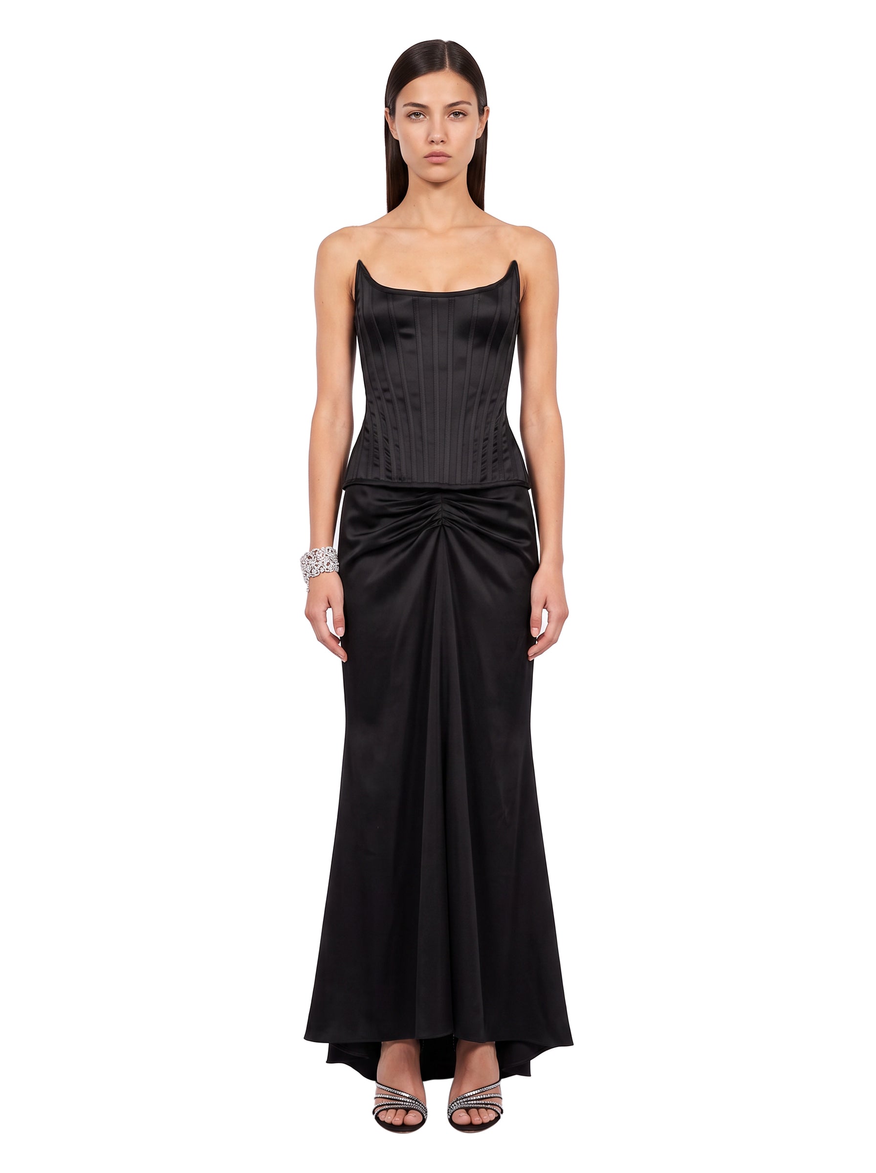 Top satinato a corsetto in nero 