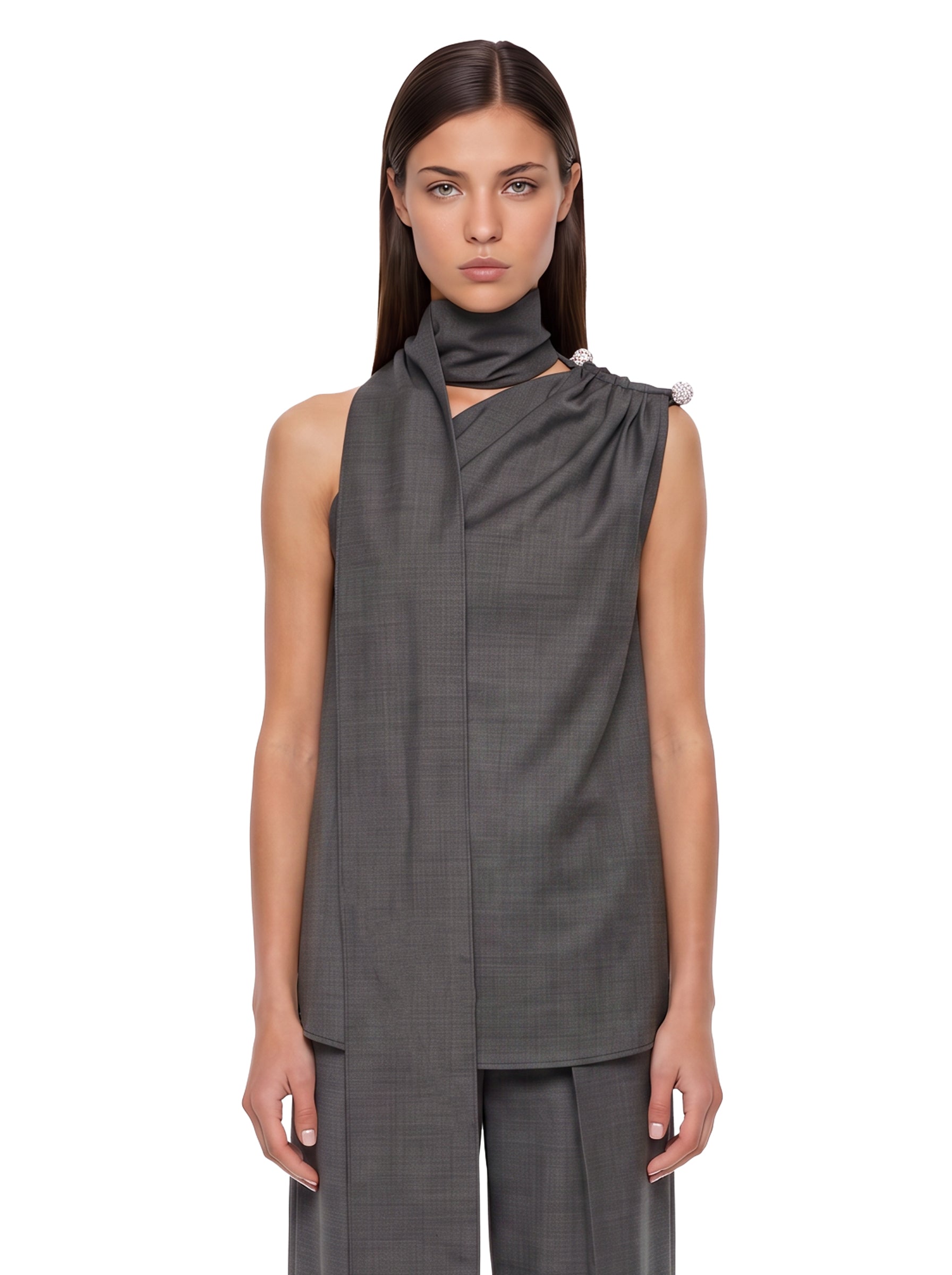 Top monospalla con decorazione in grigio 
