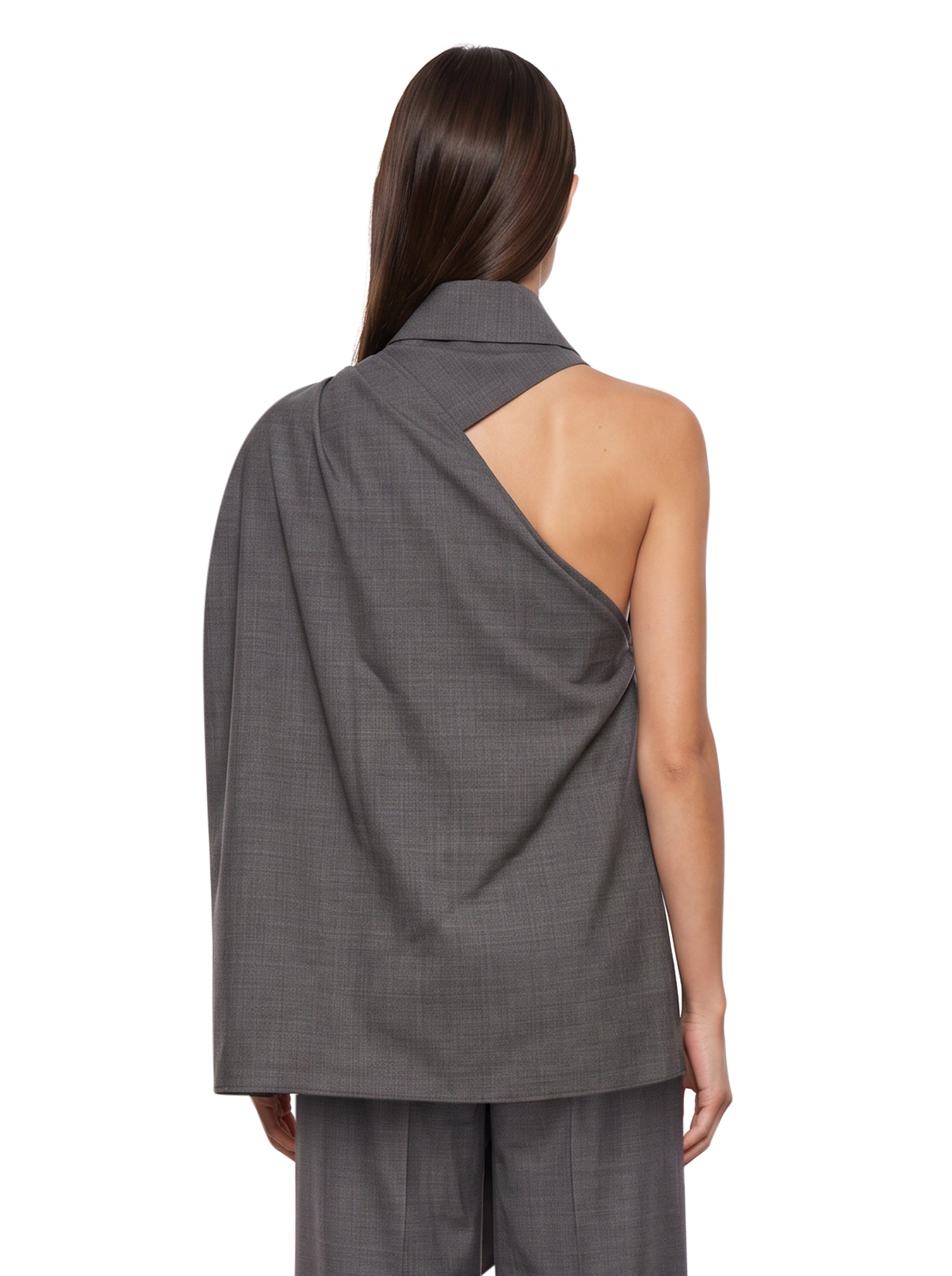 Top monospalla con decorazione in grigio 