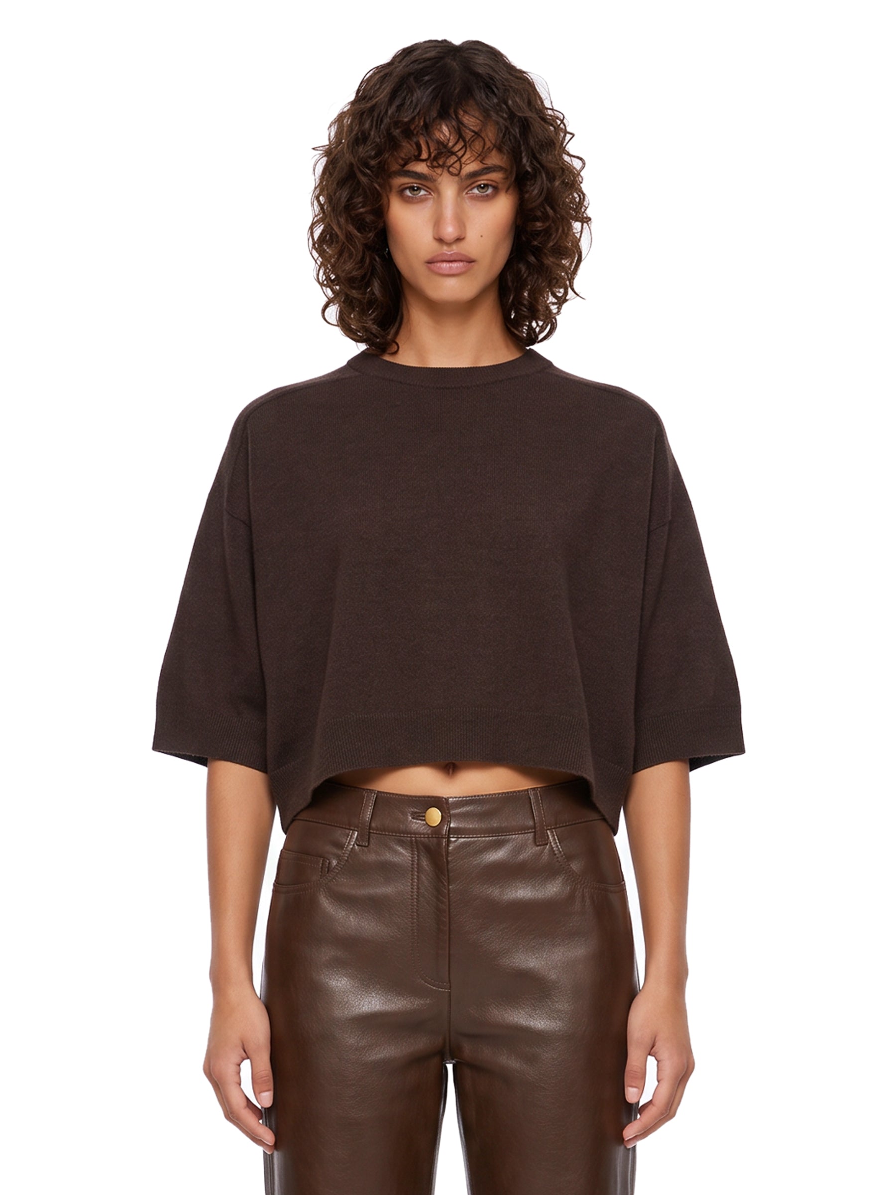 Pullover girocollo con maniche a 3/4 in marrone 