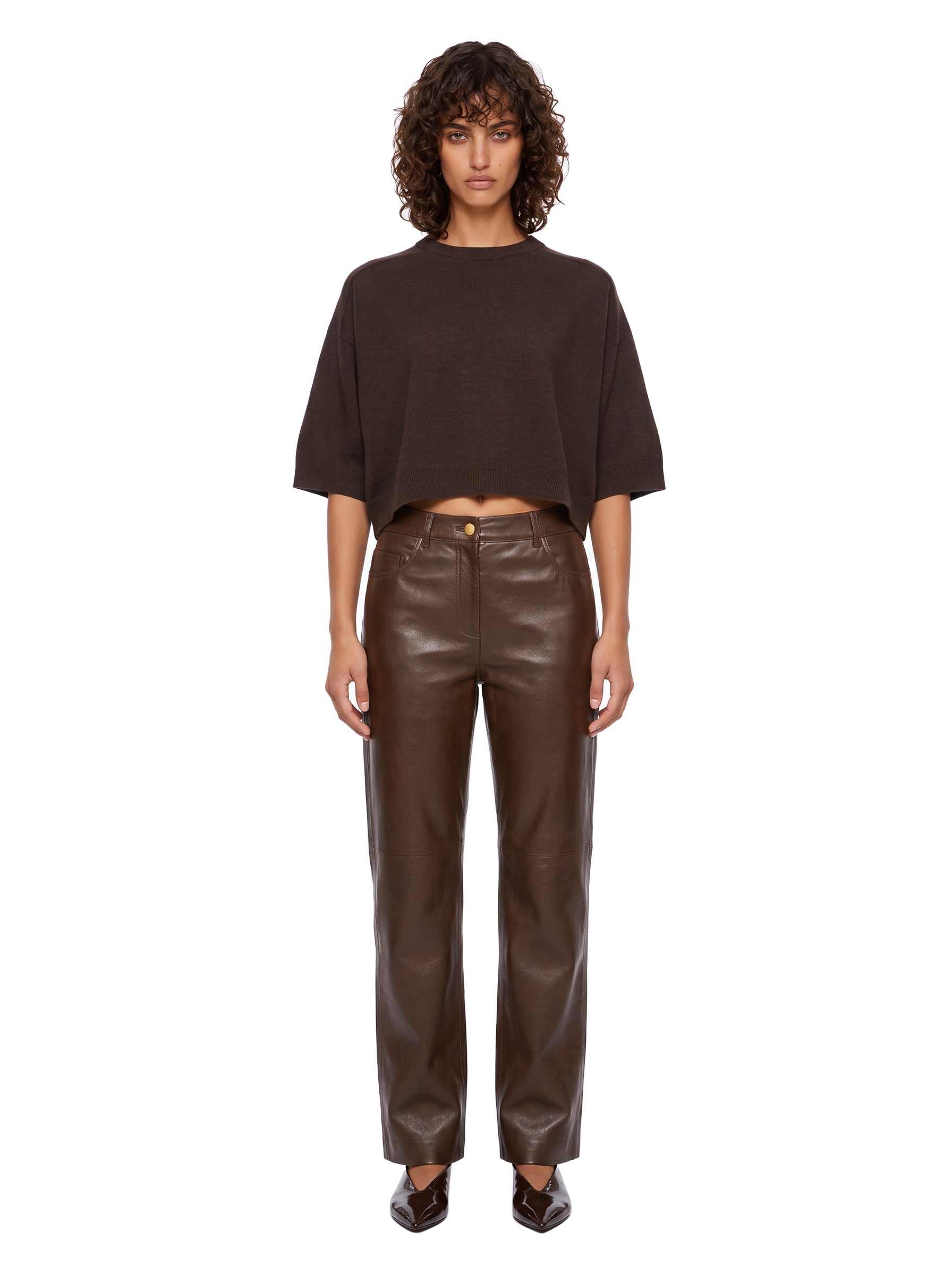 Pullover girocollo con maniche a 3/4 in marrone 