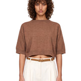 Pullover girocollo con maniche a 3/4 in marrone 