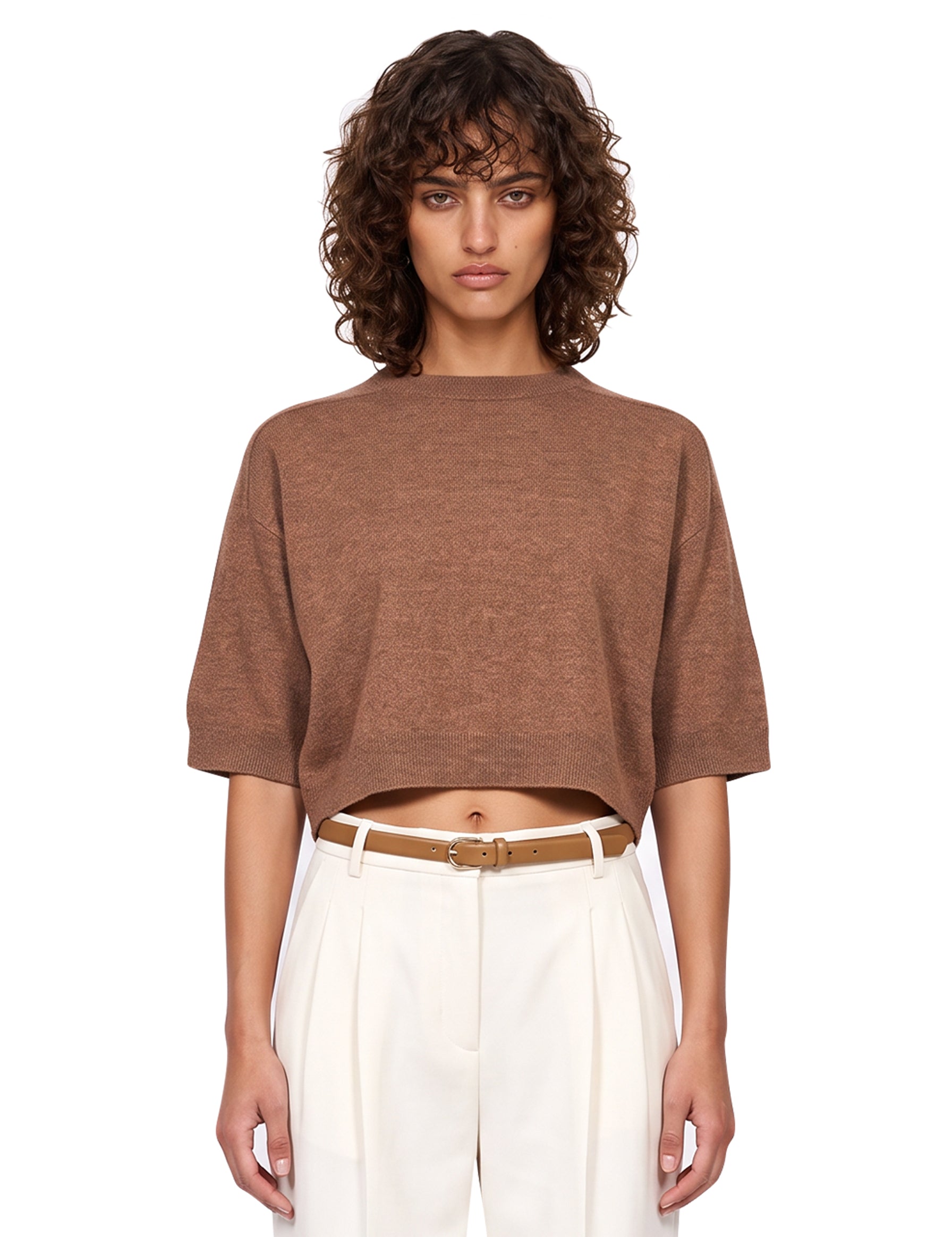 Pullover girocollo con maniche a 3/4 in marrone 
