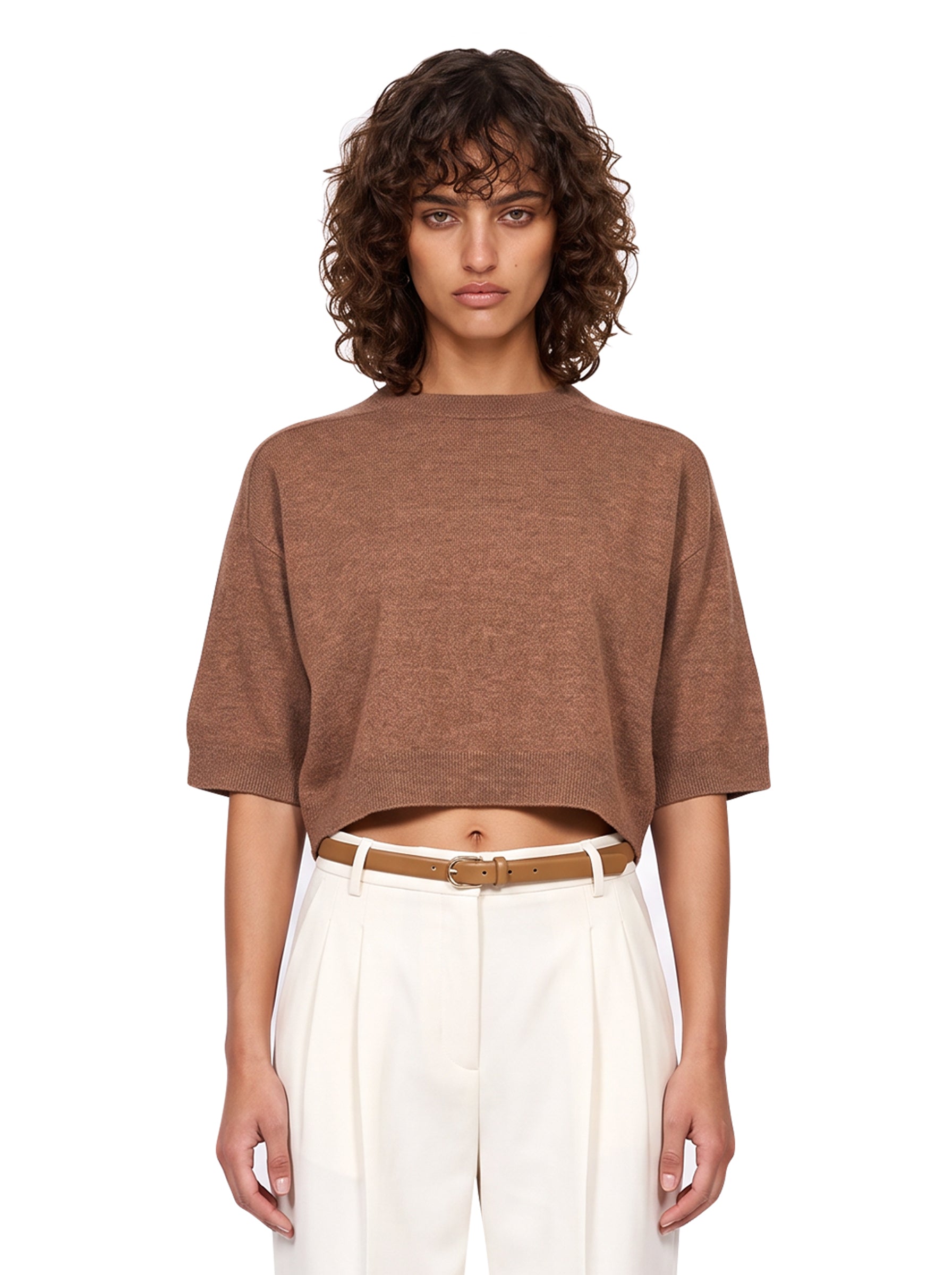 Pullover girocollo con maniche a 3/4 in marrone 