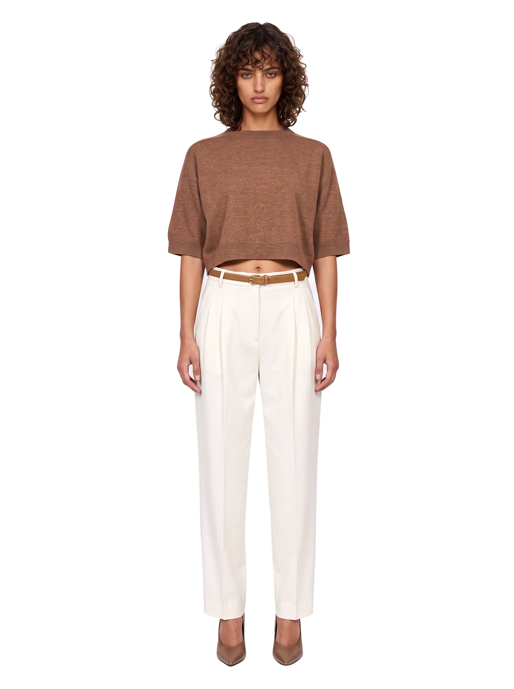 Pullover girocollo con maniche a 3/4 in marrone 