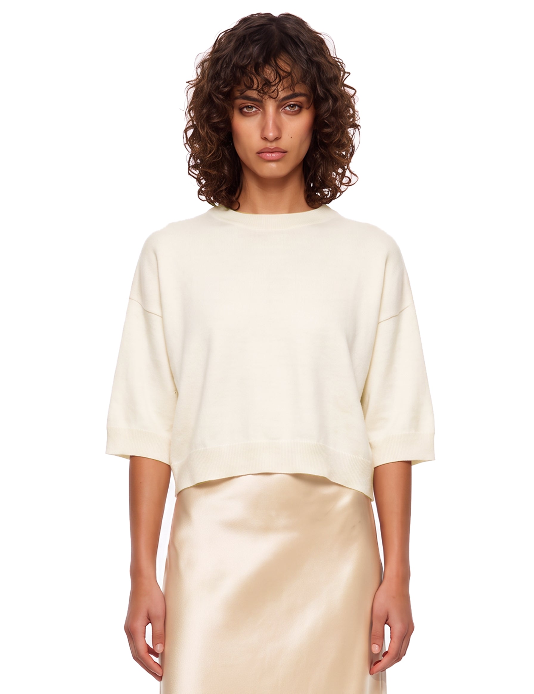 Pullover girocollo con maniche a 3/4 in avorio 