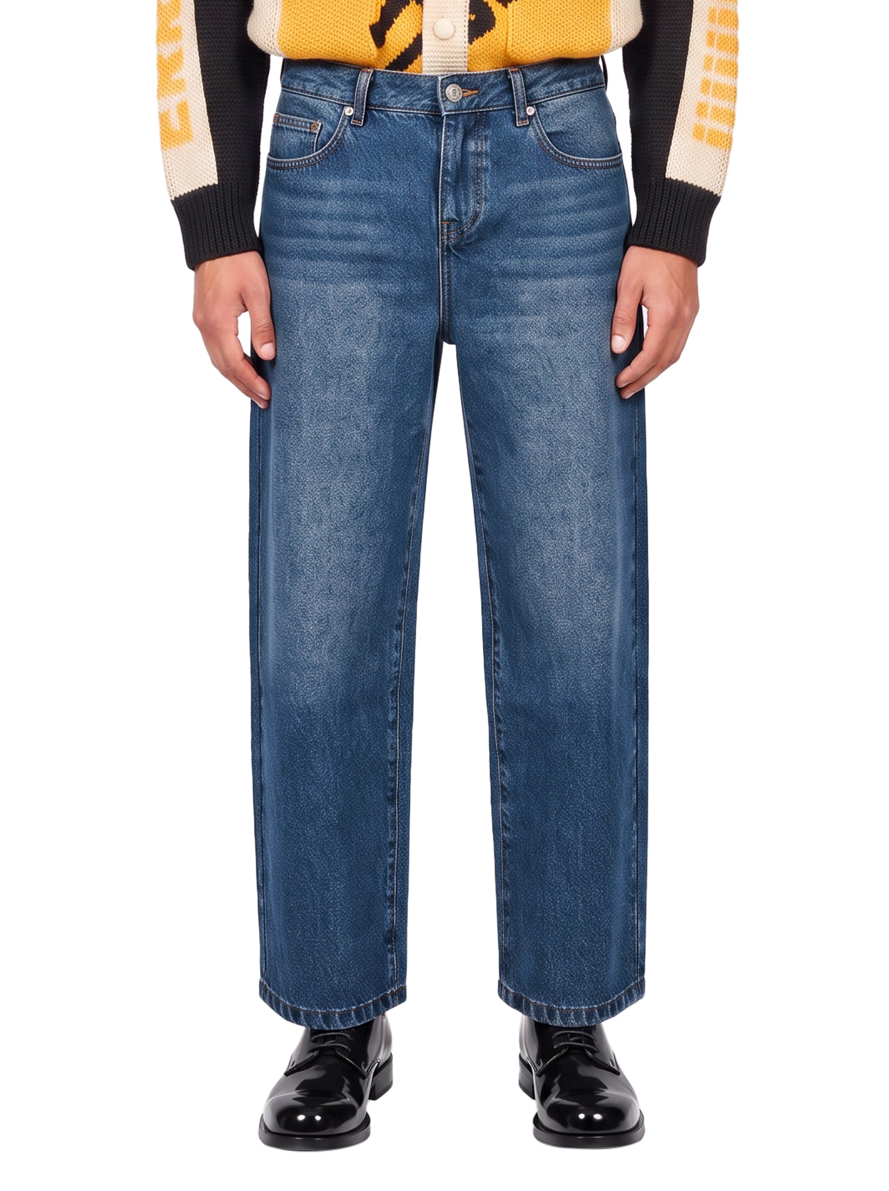Jeans a gamba dritta con logo ricamato Crown in blu 